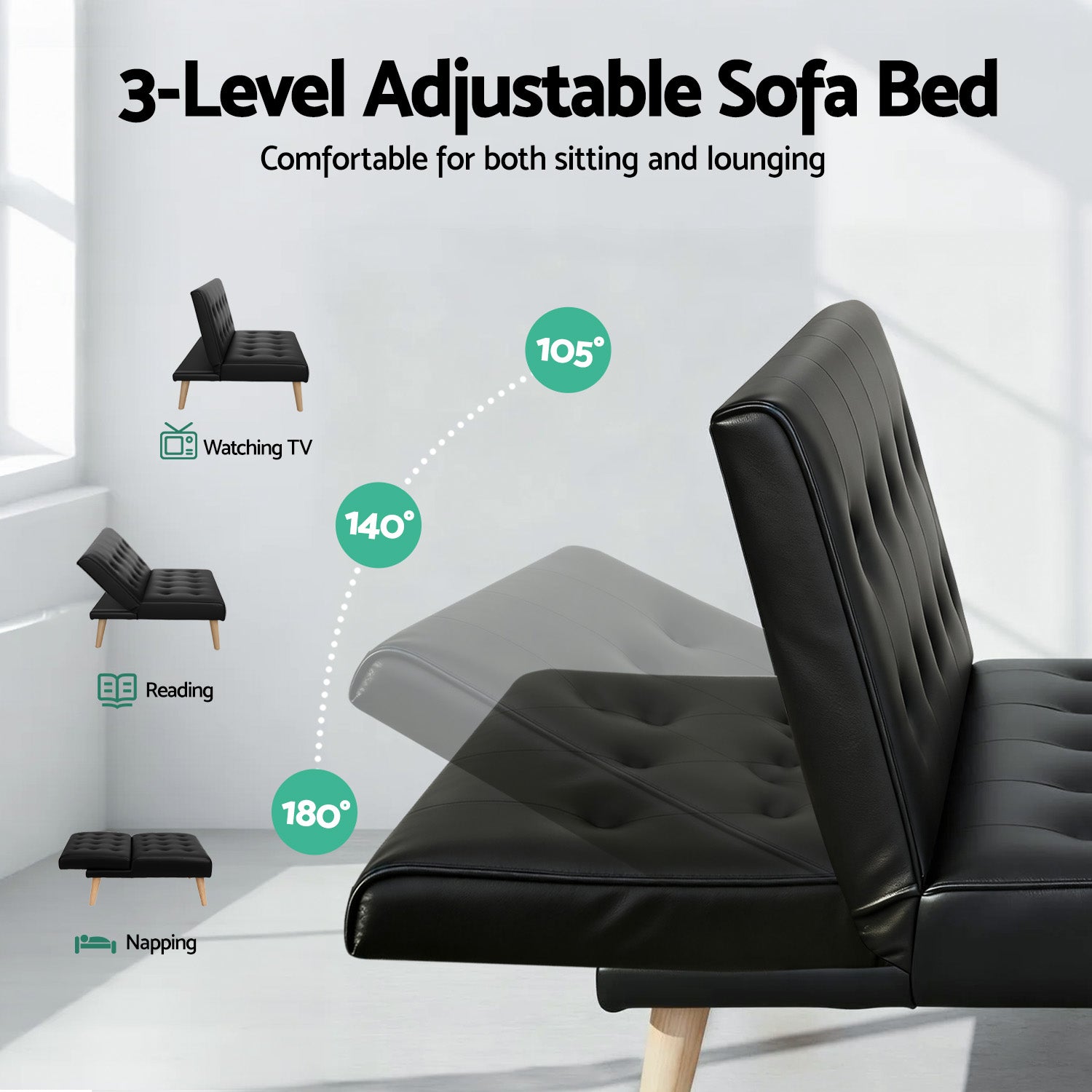 Artiss Sofa Bed Couch 1 Seater Lounge Fabric Black SBED-E-SOLO86-PU-BK