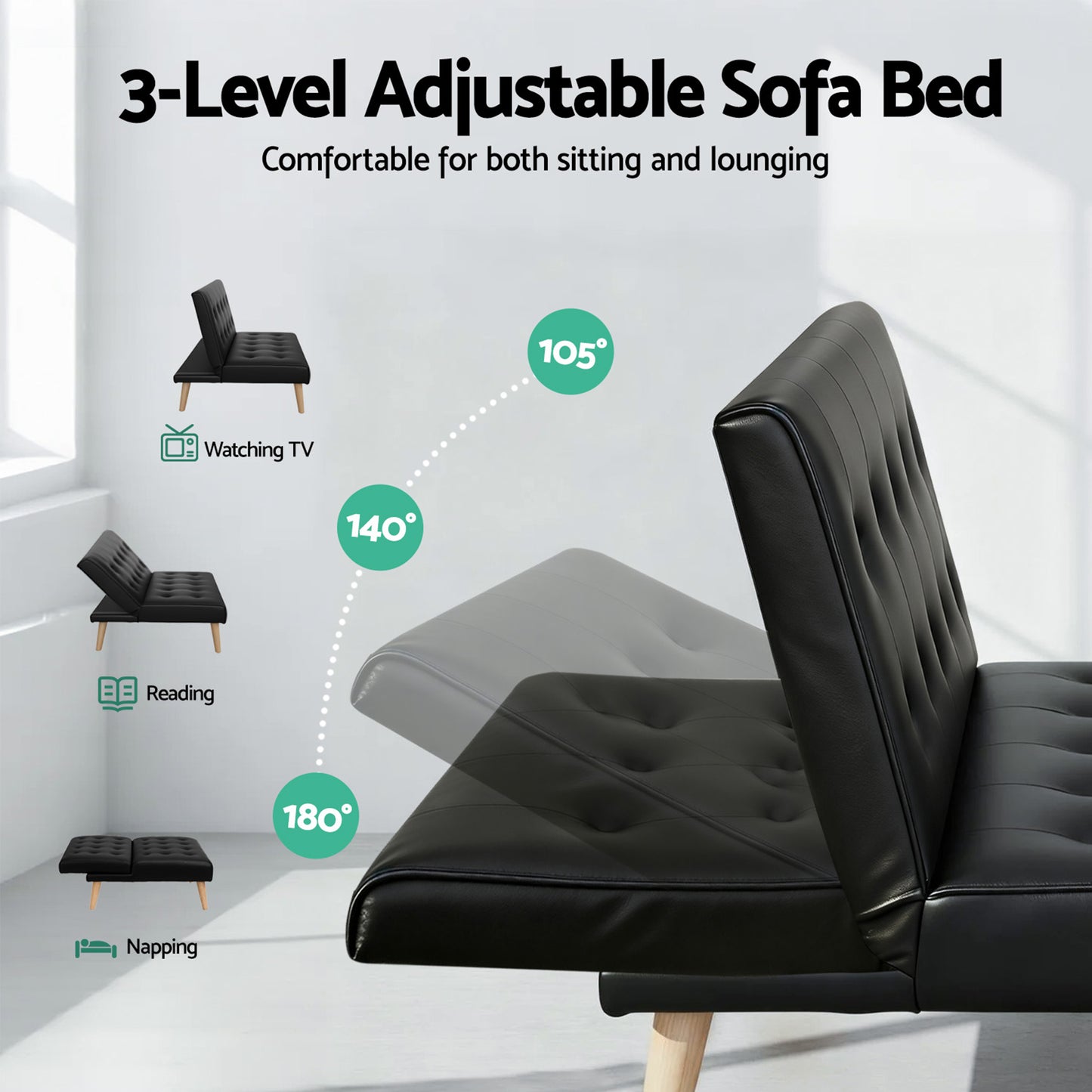 Artiss Sofa Bed Couch 2 Seater Lounge Fabric Black SBED-E-SOLO86-PU-BKX2