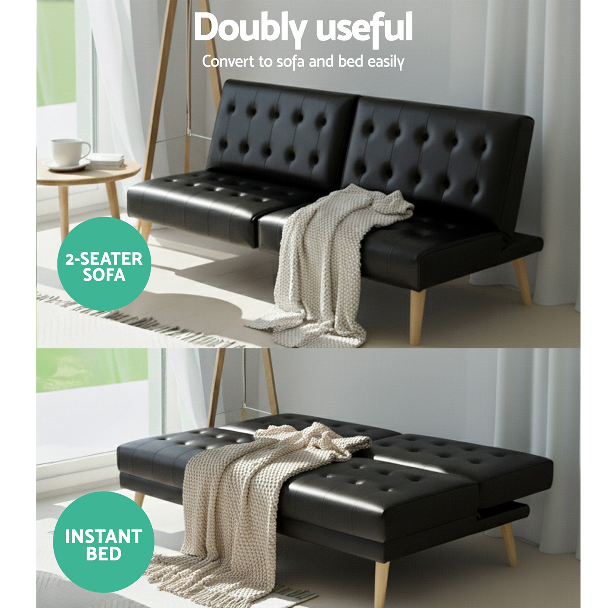 Artiss Sofa Bed Couch 2 Seater Lounge Fabric Black SBED-E-SOLO86-PU-BKX2