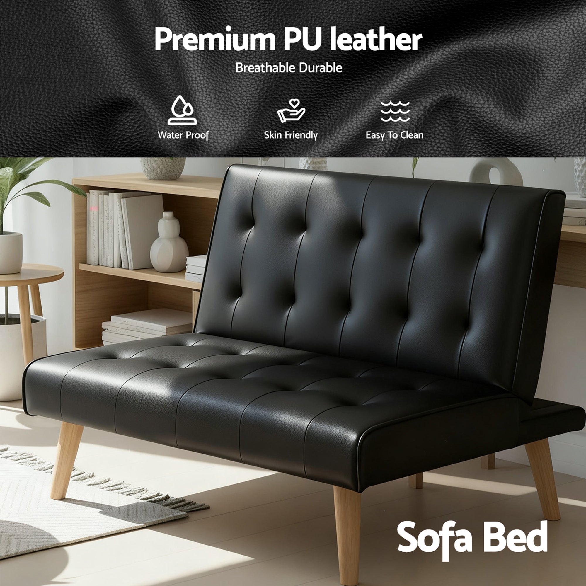 Artiss Sofa Bed Couch 2 Seater Lounge Fabric Black SBED-E-SOLO86-PU-BKX2