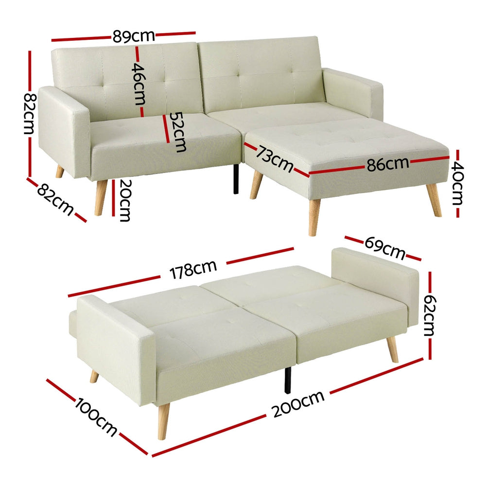 Artiss Sofa Bed Lounge Convertible Ottoman Couch Recliner 3 Seater Fabric Beige SBED-I-3S-01-BG-ABC