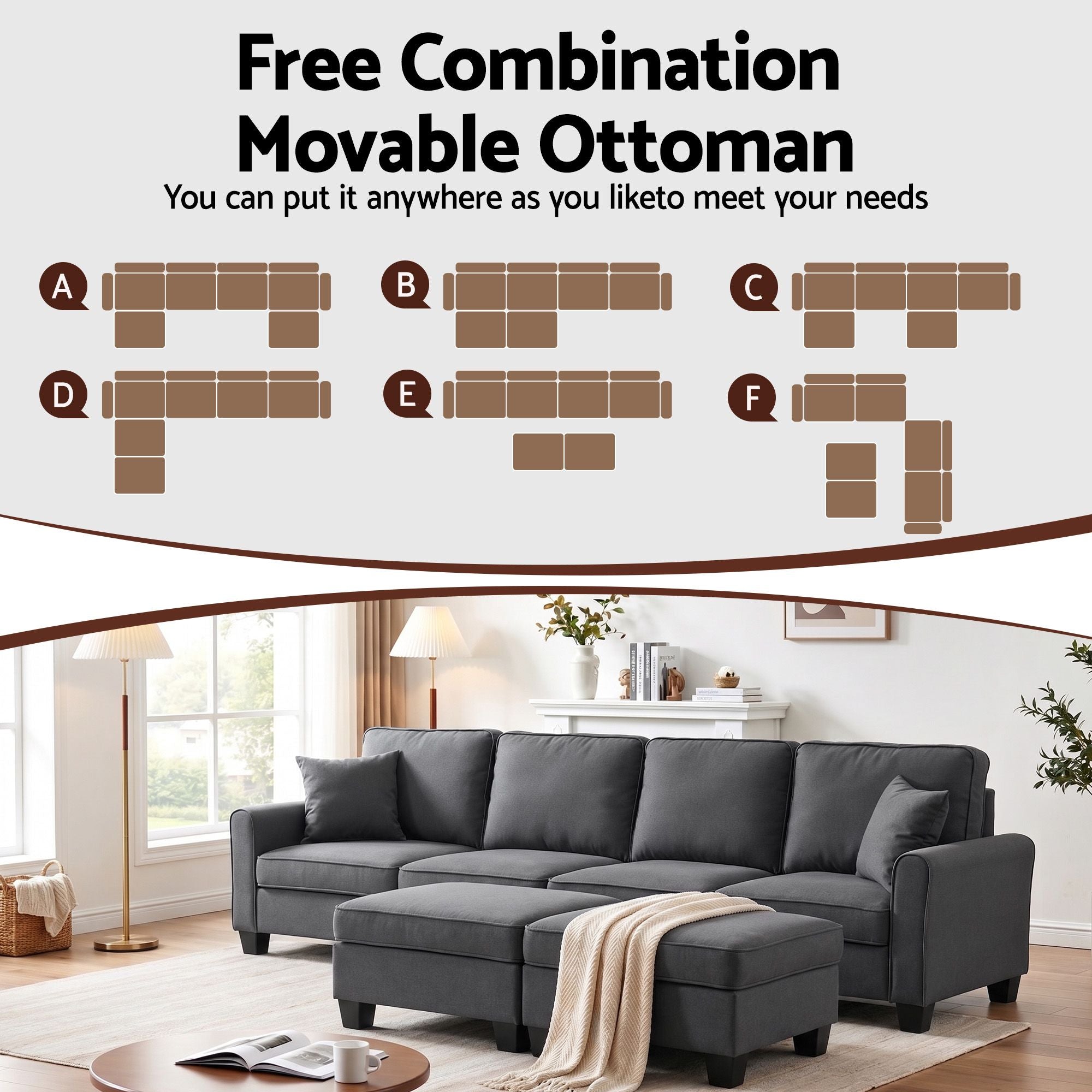 Artiss Modular Sectional U Shaped Storage Sofa Couches for Living Room Grey SBED-I-ST06-GY-ABCDEF