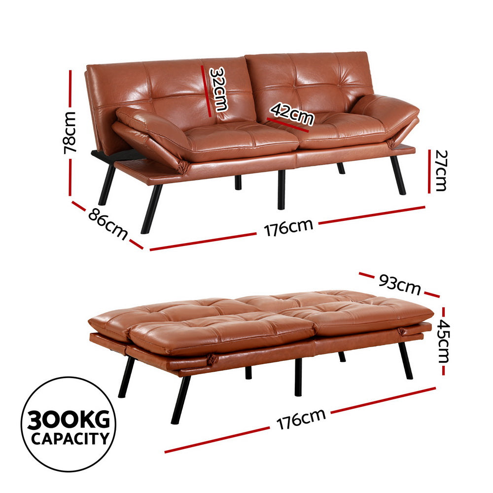 Artiss Sofa Bed Convertible 3 Seater Couch Recliner Lounge Chair Leather Brown SBED-J-01-LEA-BR-AB