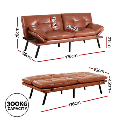 Artiss Sofa Bed Convertible 3 Seater Couch Recliner Lounge Chair Leather Brown SBED-J-01-LEA-BR-AB