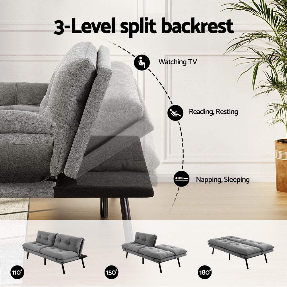 Artiss Sofa Bed Convertible 3 Seater Couch Recliner Lounge Chair Fabric Grey SBED-J-01-LIN-GY-AB