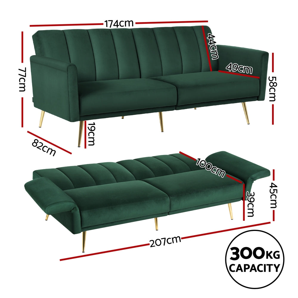 Artiss Sofa Bed 3 Seater Couch Convertible Lounge Adjustable Arm Recliner Velvet SBED-J-02-VEL-GN-AB