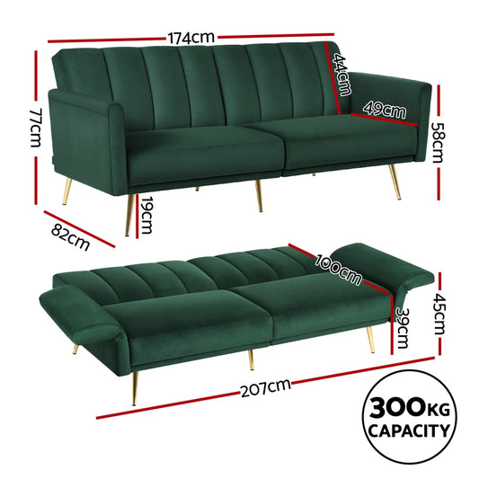 Artiss Sofa Bed 3 Seater Couch Convertible Lounge Adjustable Arm Recliner Velvet SBED-J-02-VEL-GN-AB