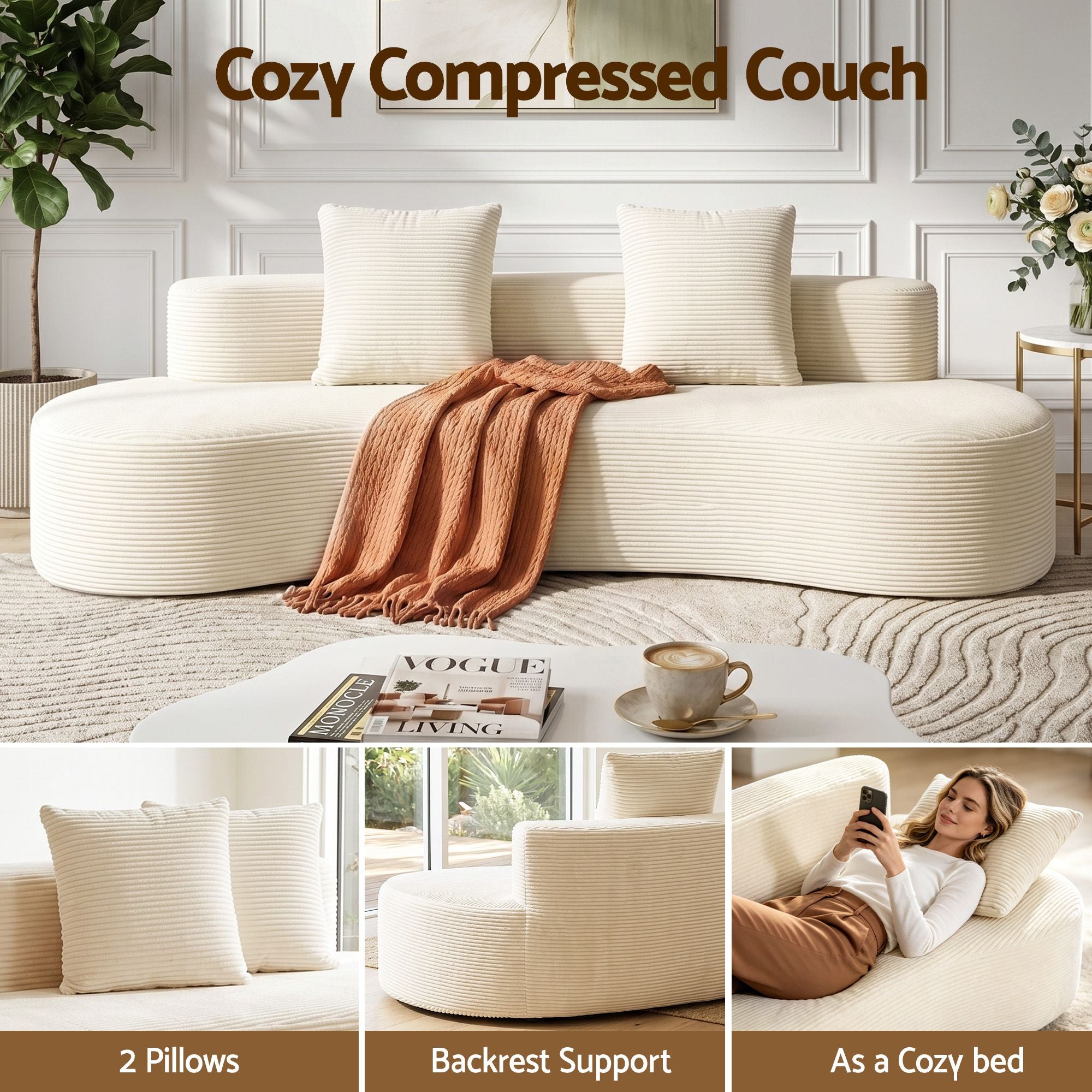 Artiss 228cm Modular Sofa Bed Sectional Boneless Couches for Living Room No Assembly Required SBED-K-CDY-3S-WH