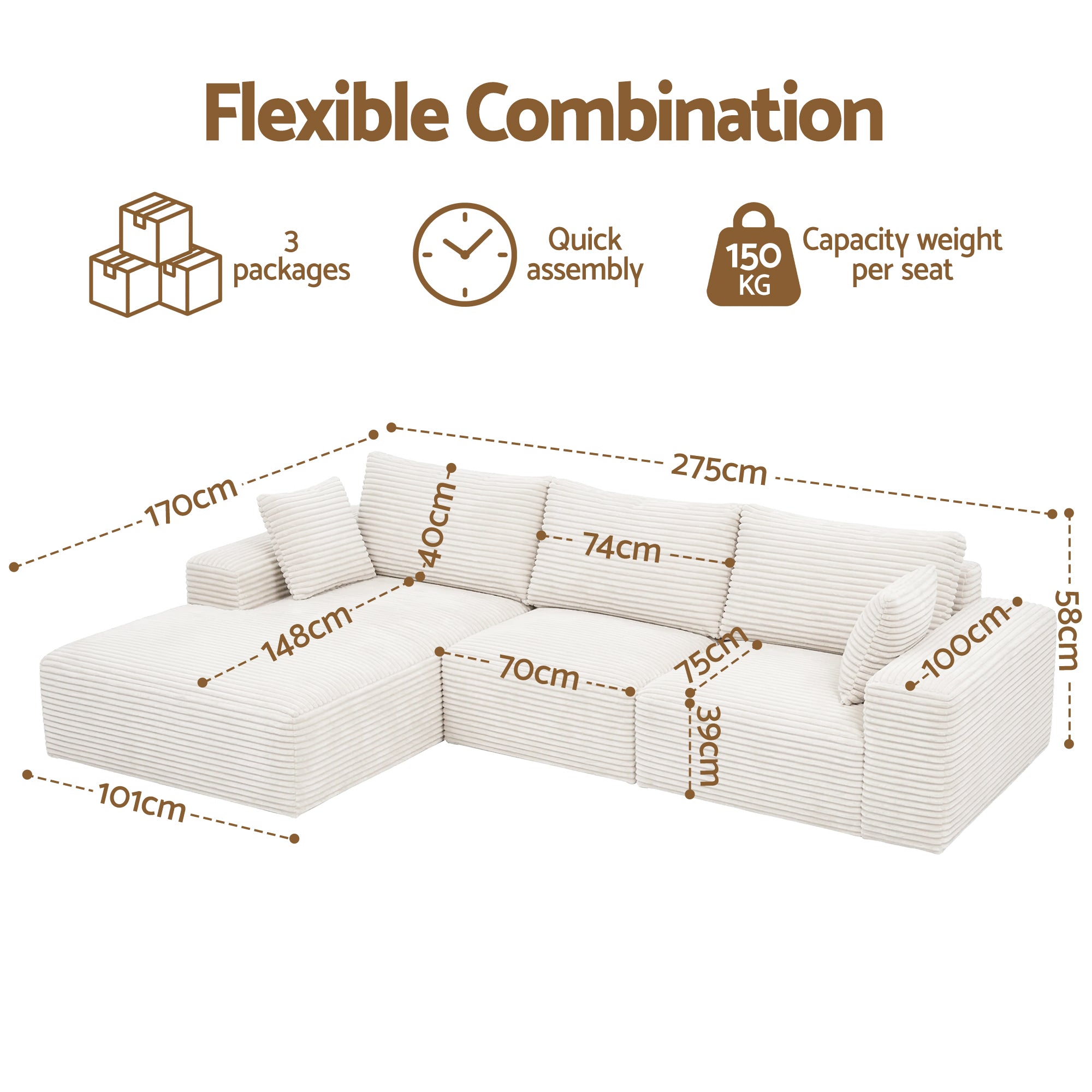 Artiss 3 Seater Modular Sofa Bed Sectional Boneless Couches for Living Room Corduroy Compressed Sofa White SBED-K-CDY-4S-WH-ABC