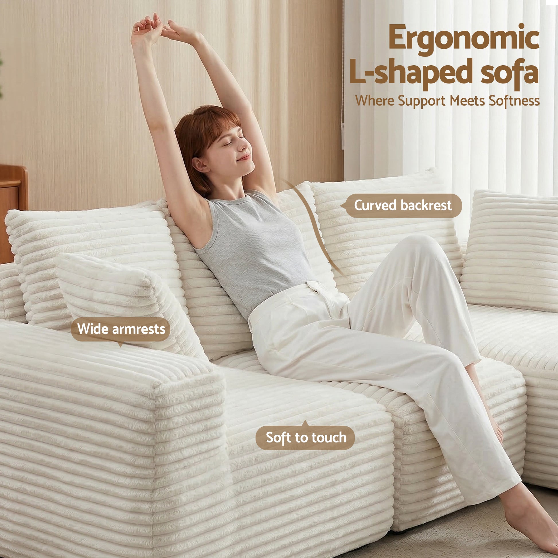 Artiss 3 Seater Modular Sofa Bed Sectional Boneless Couches for Living Room Corduroy Compressed Sofa White SBED-K-CDY-4S-WH-ABC
