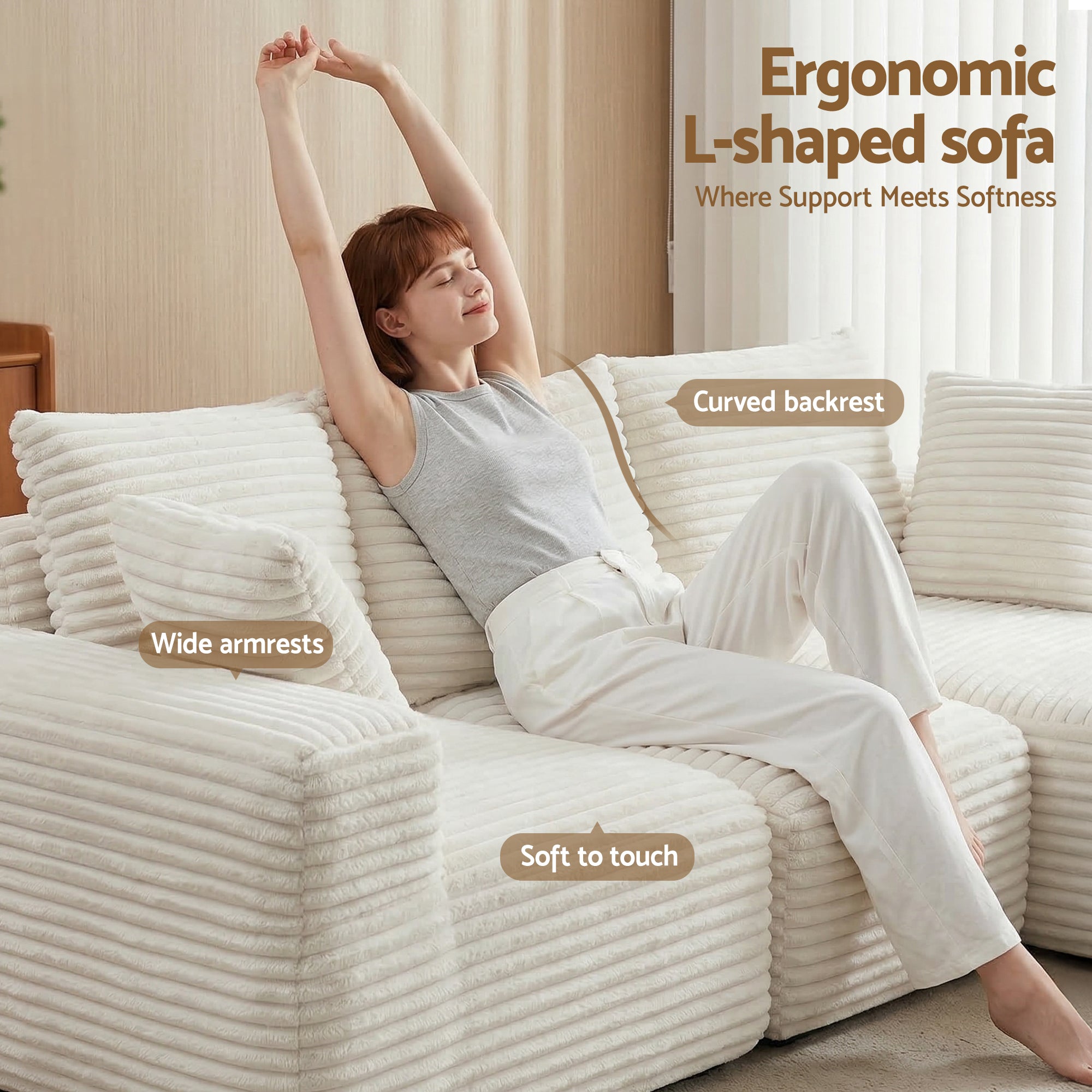 Artiss 3 Seater Modular Sofa Bed Sectional Boneless Couches for Living Room Corduroy Compressed Sofa White SBED-K-CDY-4S-WH-ABC