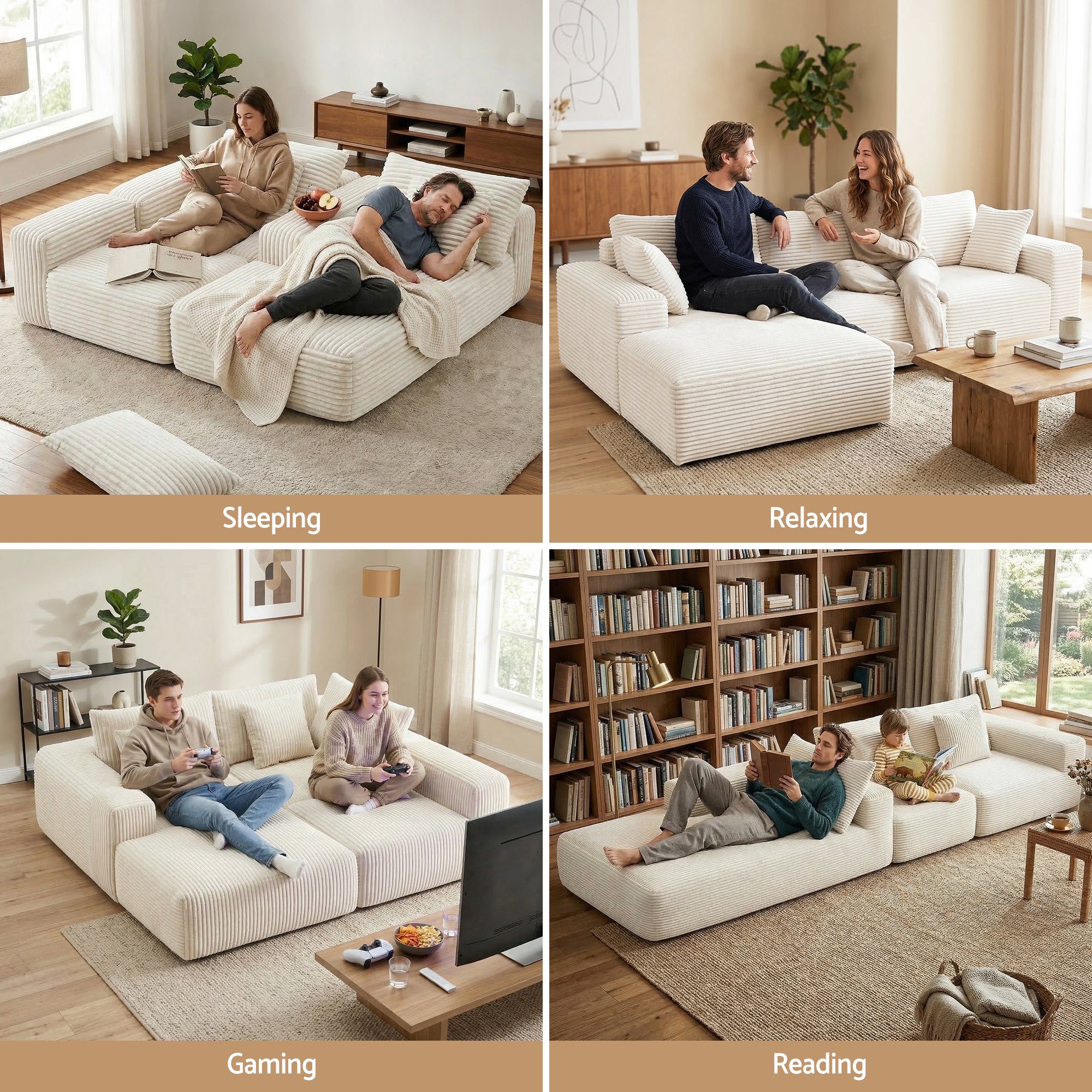 Artiss 3 Seater Modular Sofa Bed Sectional Boneless Couches for Living Room Corduroy Compressed Sofa White SBED-K-CDY-4S-WH-ABC