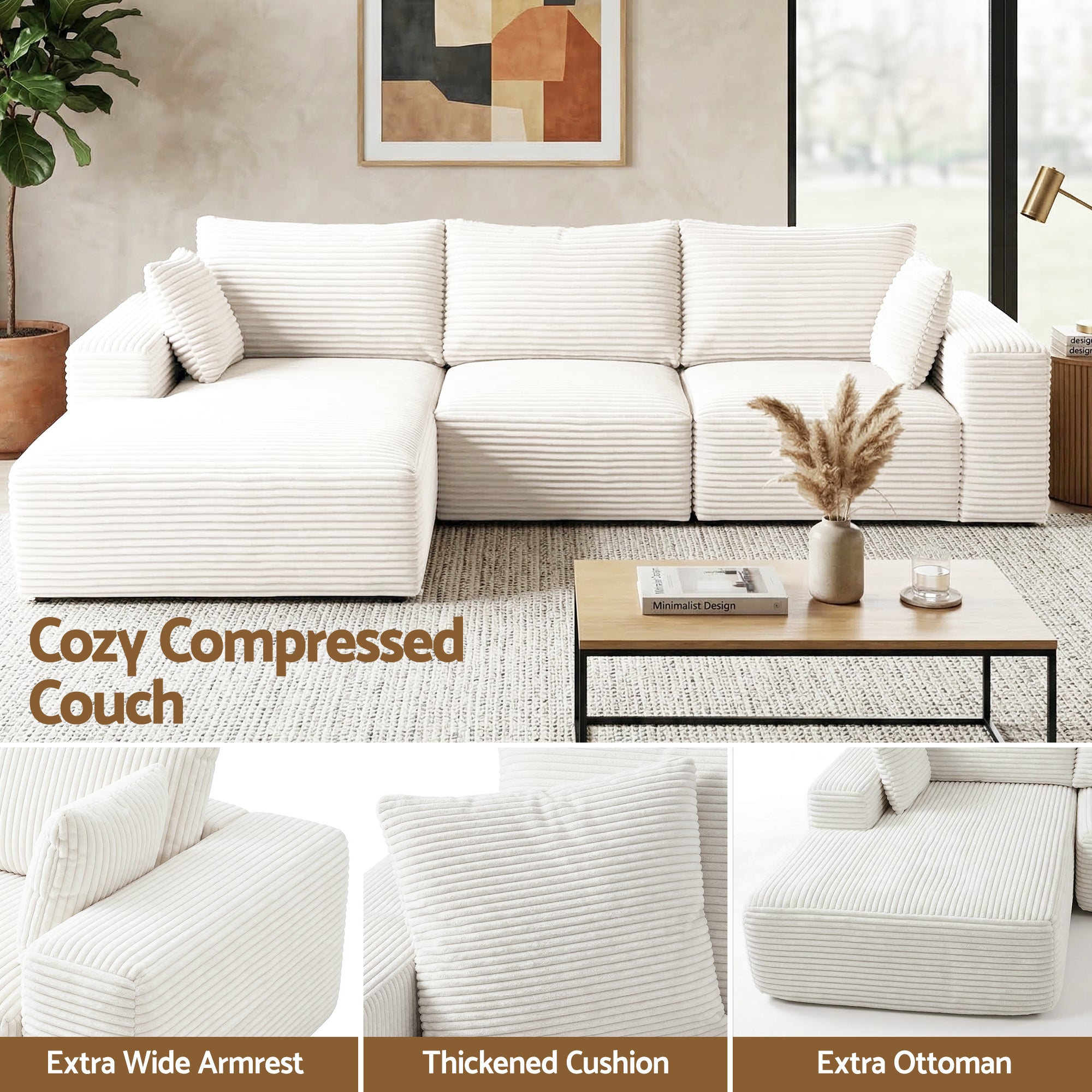 Artiss 3 Seater Modular Sofa Bed Sectional Boneless Couches for Living Room Corduroy Compressed Sofa White SBED-K-CDY-4S-WH-ABC