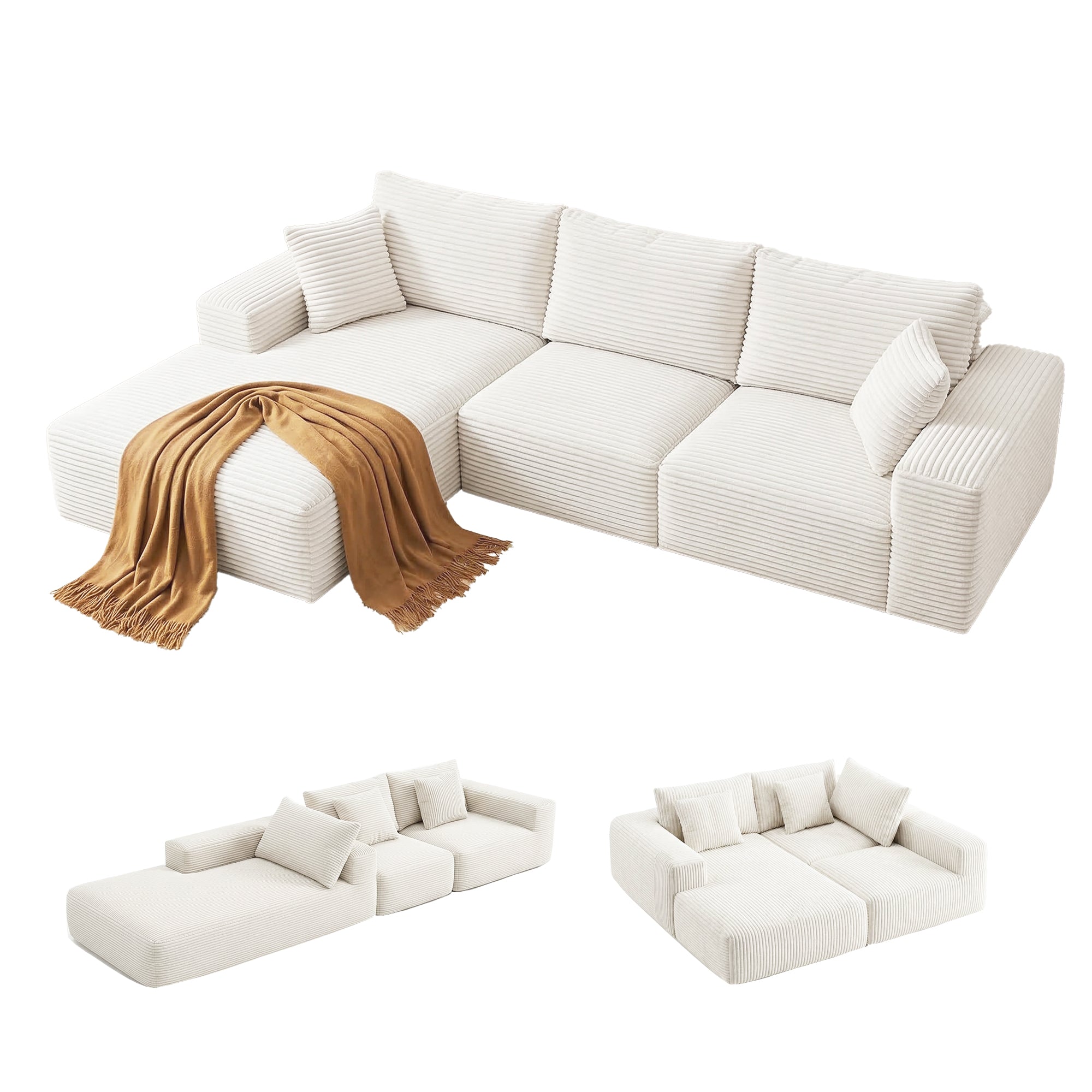 Artiss 3 Seater Modular Sofa Bed Sectional Boneless Couches for Living Room Corduroy Compressed Sofa White SBED-K-CDY-4S-WH-ABC