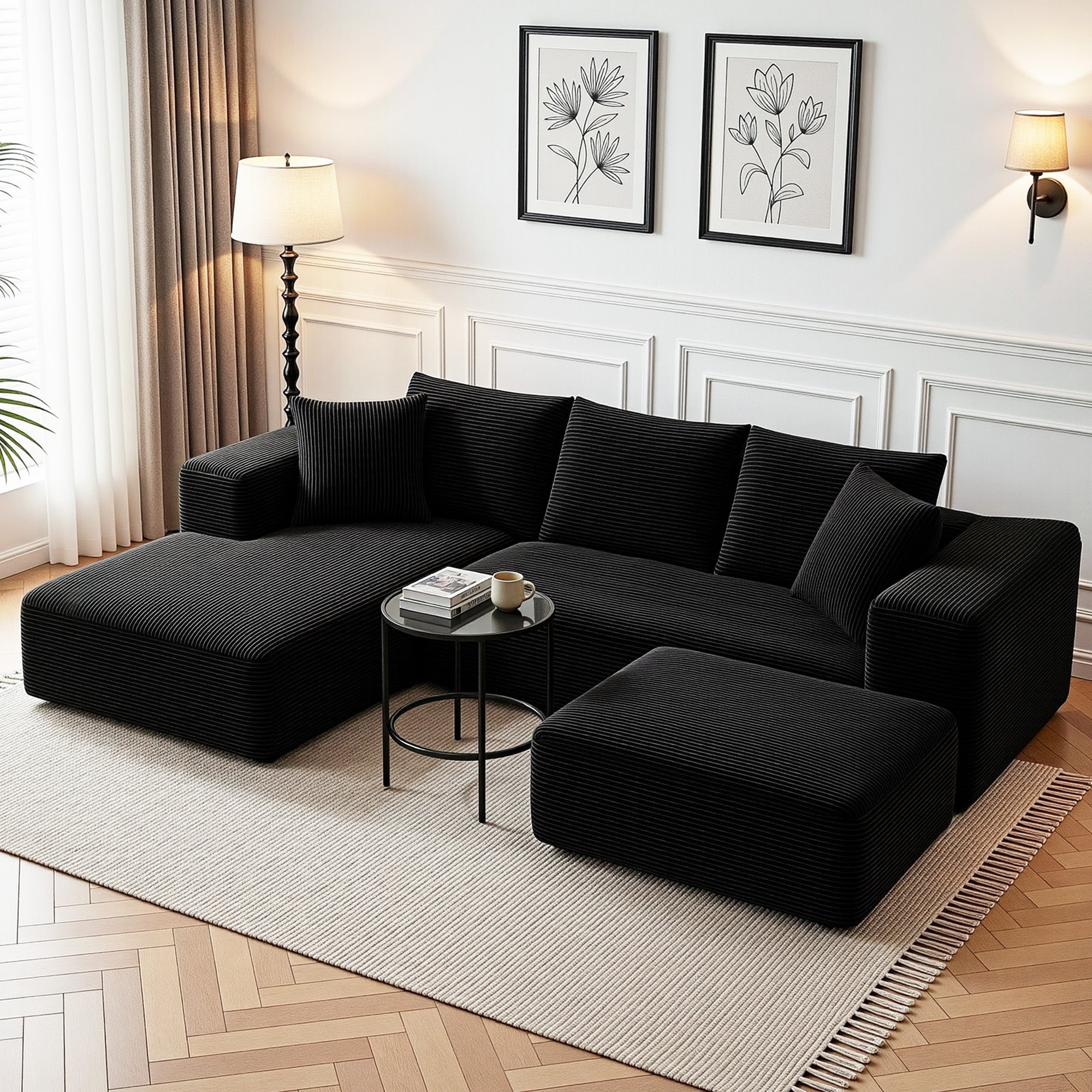 Artiss Modular Sofa Bed with Ottoman Sectional Boneless Couches for Living Room Corduroy Compressed Sofa Black SBED-K-CDY-5S-BK-ABC