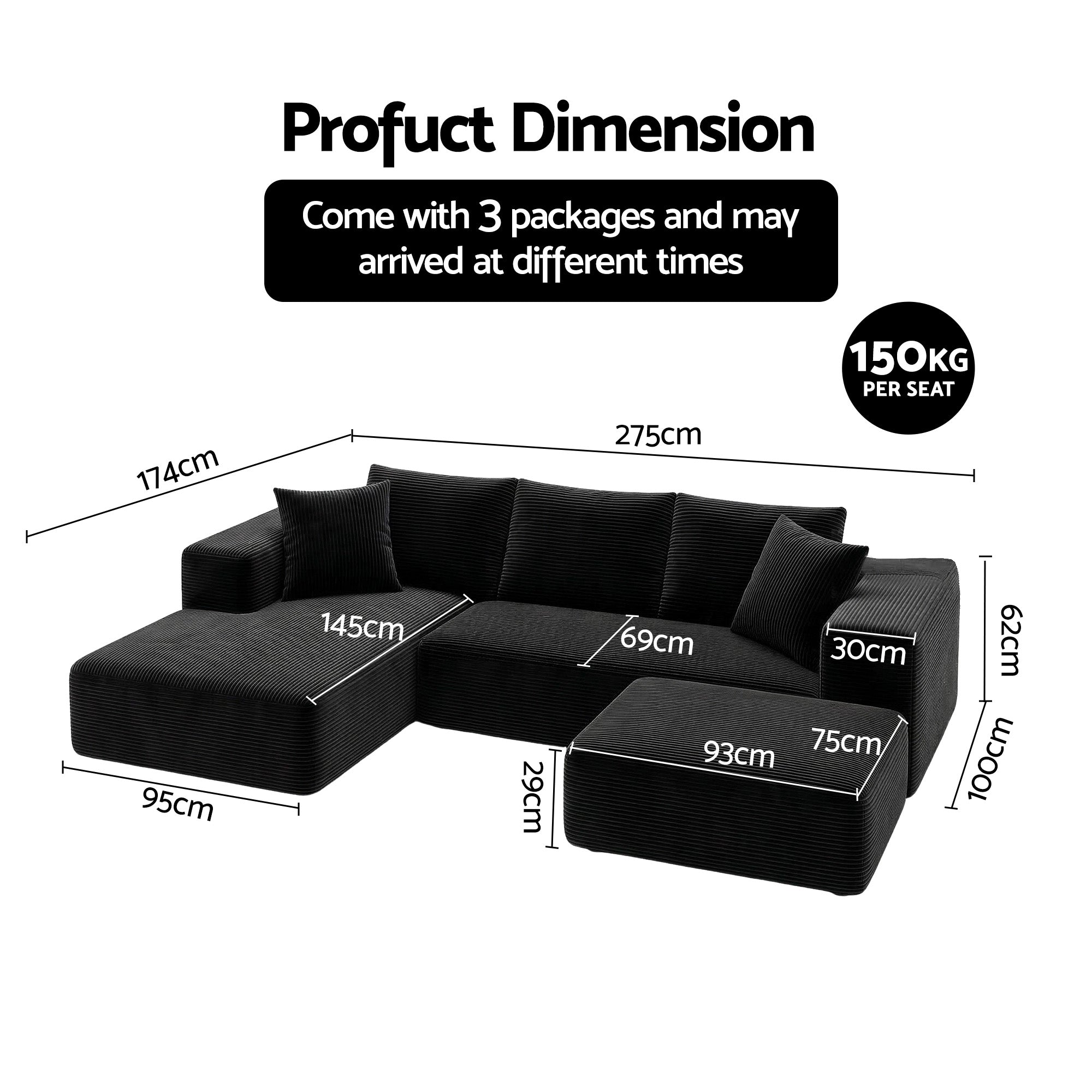 Artiss Modular Sofa Bed with Ottoman Sectional Boneless Couches for Living Room Corduroy Compressed Sofa Black SBED-K-CDY-5S-BK-ABC