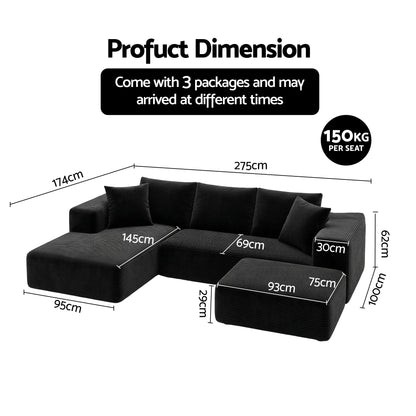 Artiss Modular Sofa Bed with Ottoman Sectional Boneless Couches for Living Room Corduroy Compressed Sofa Black SBED-K-CDY-5S-BK-ABC