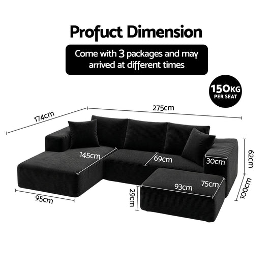 Artiss Modular Sofa Bed with Ottoman Sectional Boneless Couches for Living Room Corduroy Compressed Sofa Black SBED-K-CDY-5S-BK-ABC