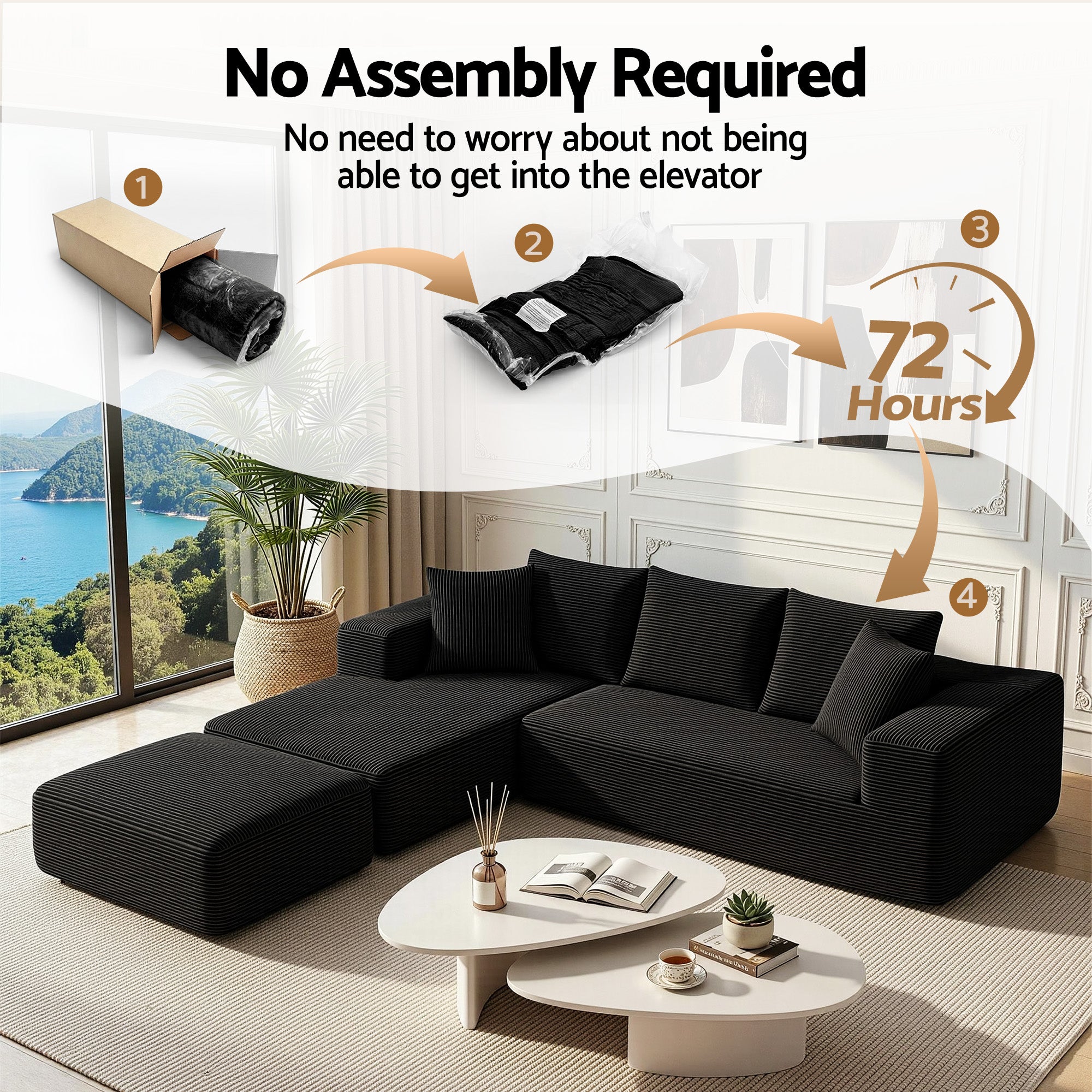 Artiss Modular Sofa Bed with Ottoman Sectional Boneless Couches for Living Room Corduroy Compressed Sofa Black SBED-K-CDY-5S-BK-ABC