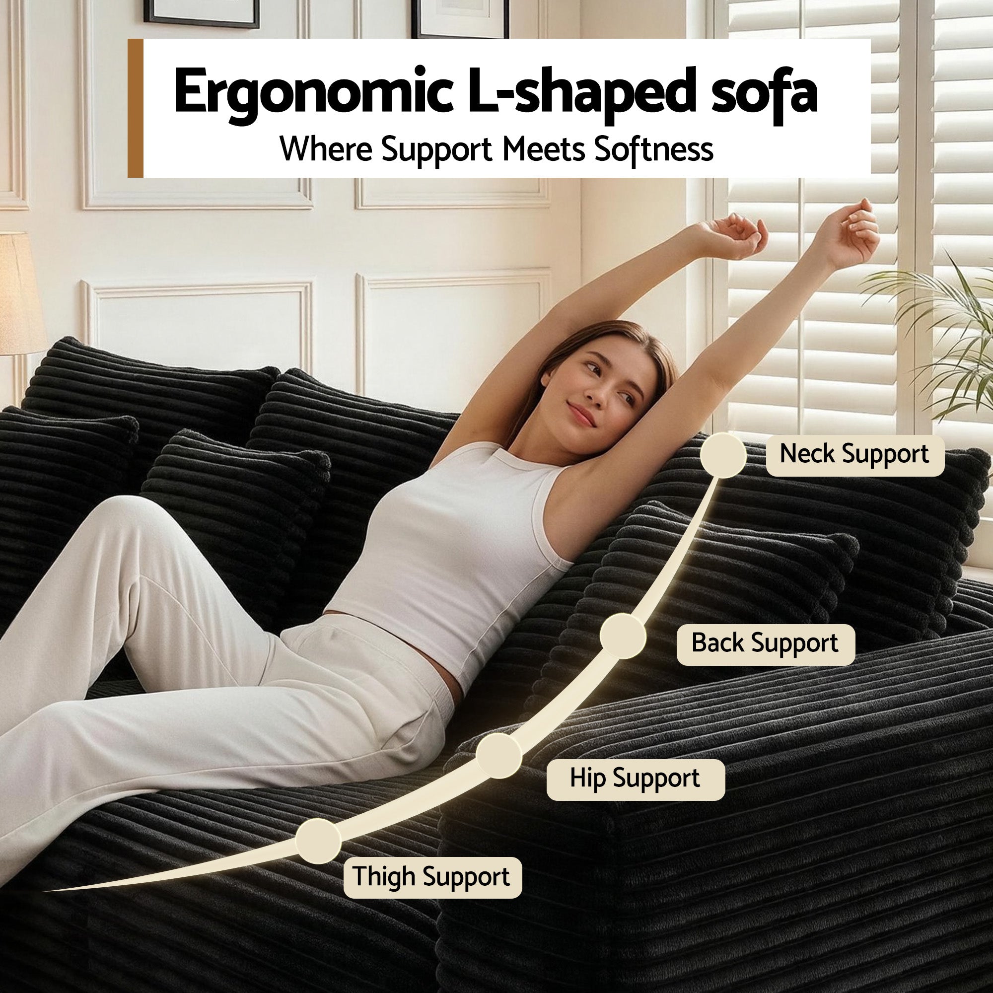 Artiss Modular Sofa Bed with Ottoman Sectional Boneless Couches for Living Room Corduroy Compressed Sofa Black SBED-K-CDY-5S-BK-ABC