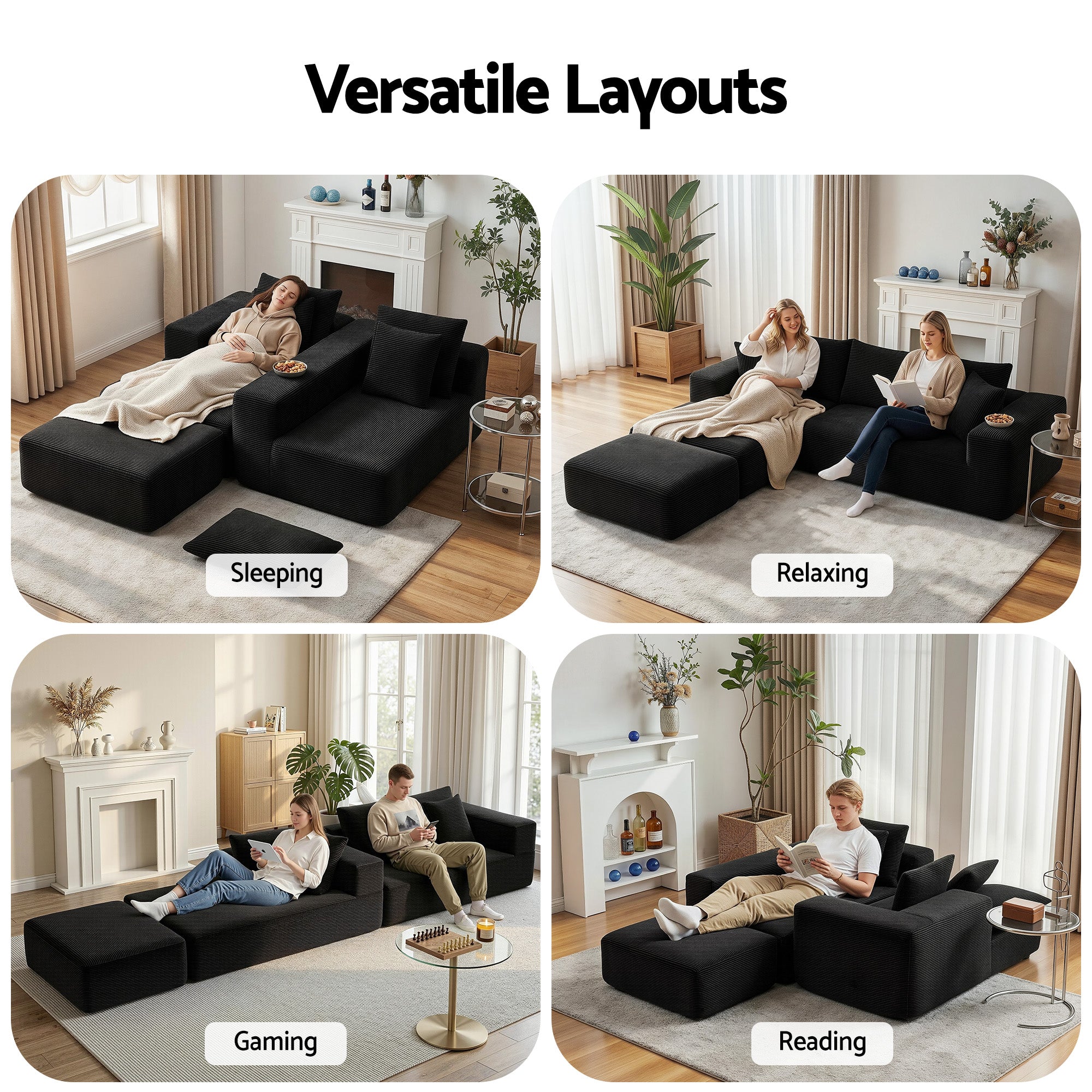 Artiss Modular Sofa Bed with Ottoman Sectional Boneless Couches for Living Room Corduroy Compressed Sofa Black SBED-K-CDY-5S-BK-ABC