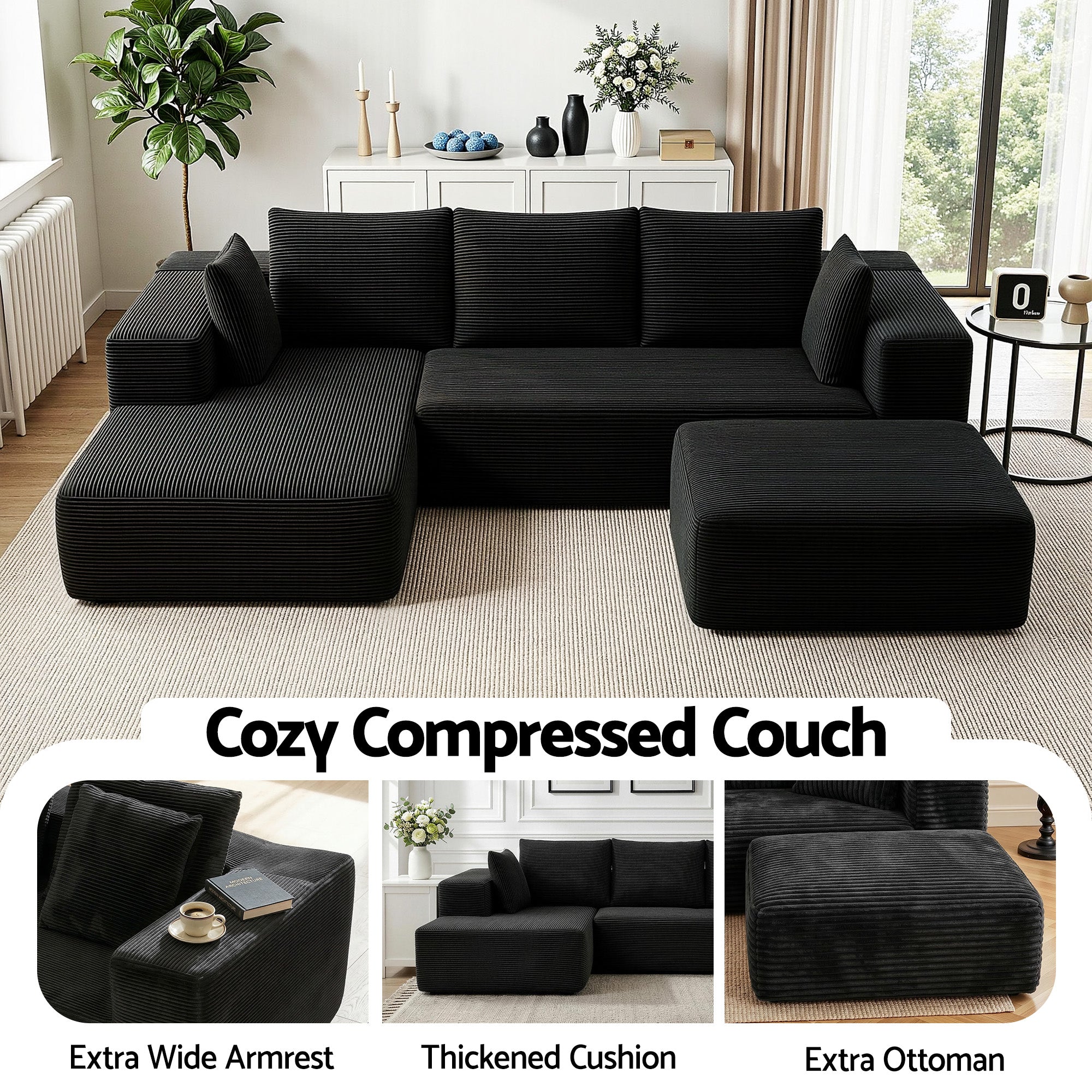 Artiss Modular Sofa Bed with Ottoman Sectional Boneless Couches for Living Room Corduroy Compressed Sofa Black SBED-K-CDY-5S-BK-ABC