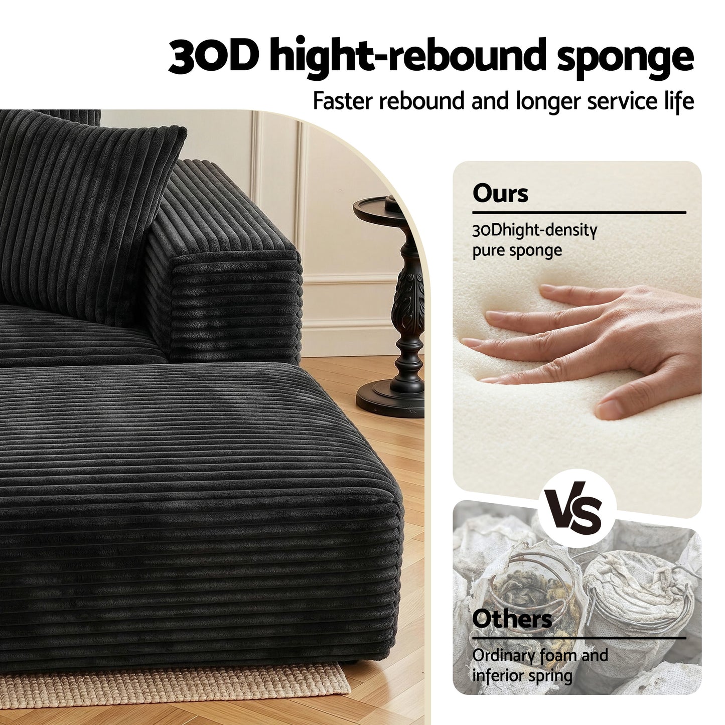 Artiss Modular Sofa Bed with Ottoman Sectional Boneless Couches for Living Room Corduroy Compressed Sofa Black SBED-K-CDY-5S-BK-ABC