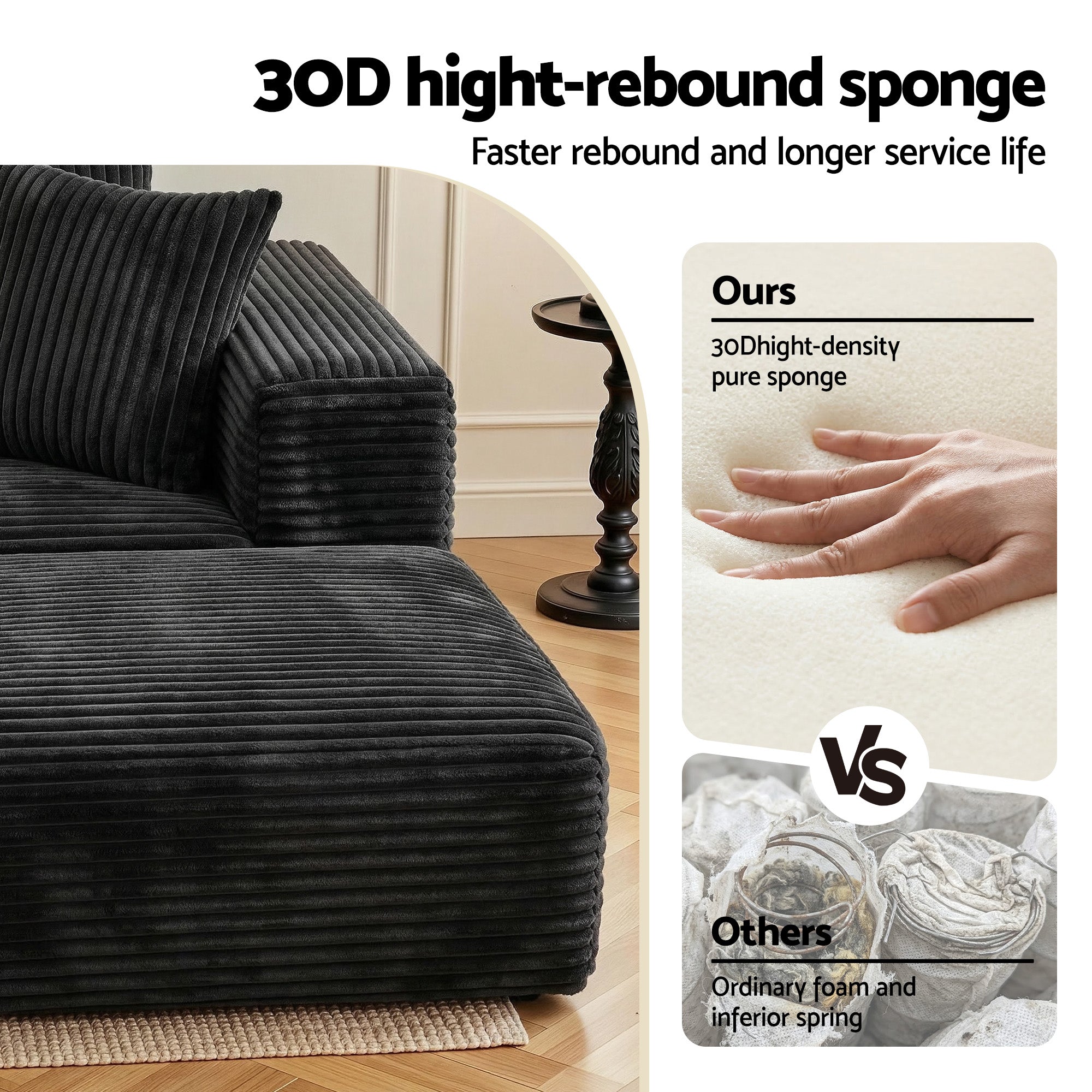Artiss Modular Sofa Bed with Ottoman Sectional Boneless Couches for Living Room Corduroy Compressed Sofa Black SBED-K-CDY-5S-BK-ABC