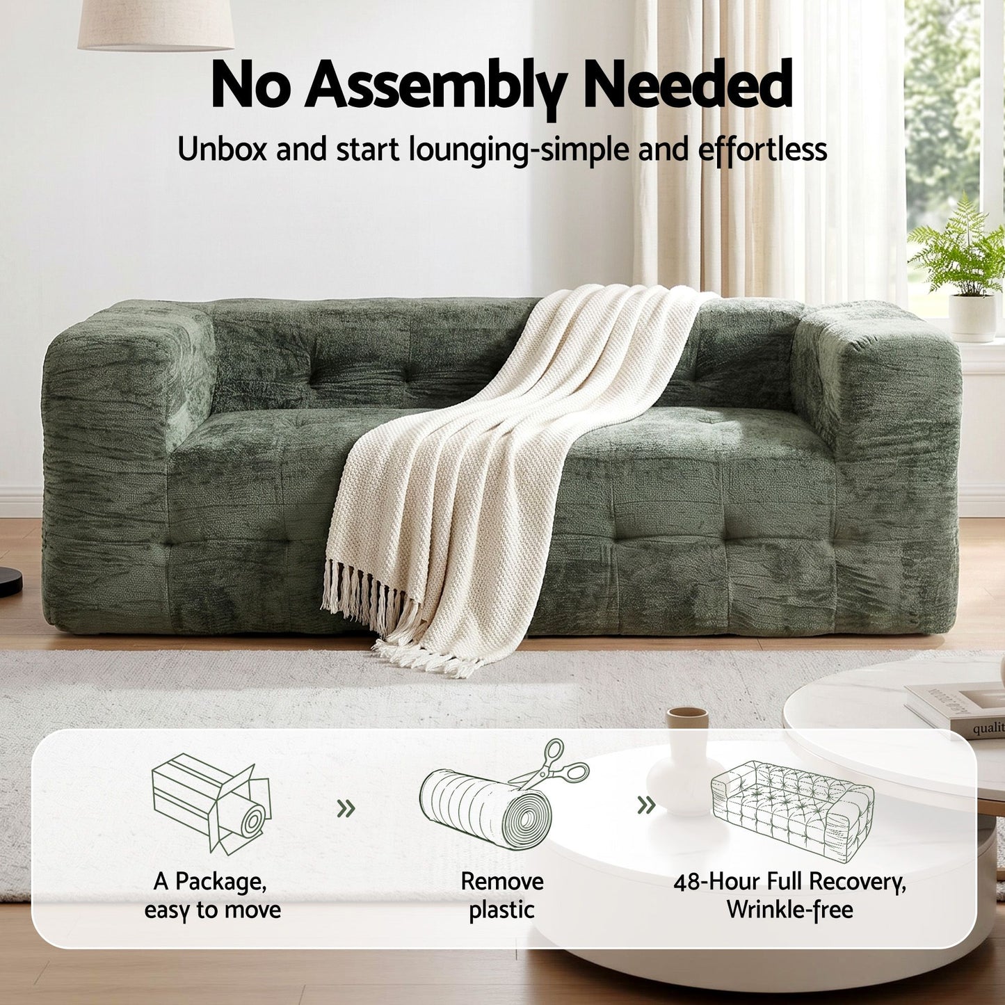Artiss Comfort Boneless Sofa for Living Room Green Luxury Chenille SBED-K-CNIE-2S-GN
