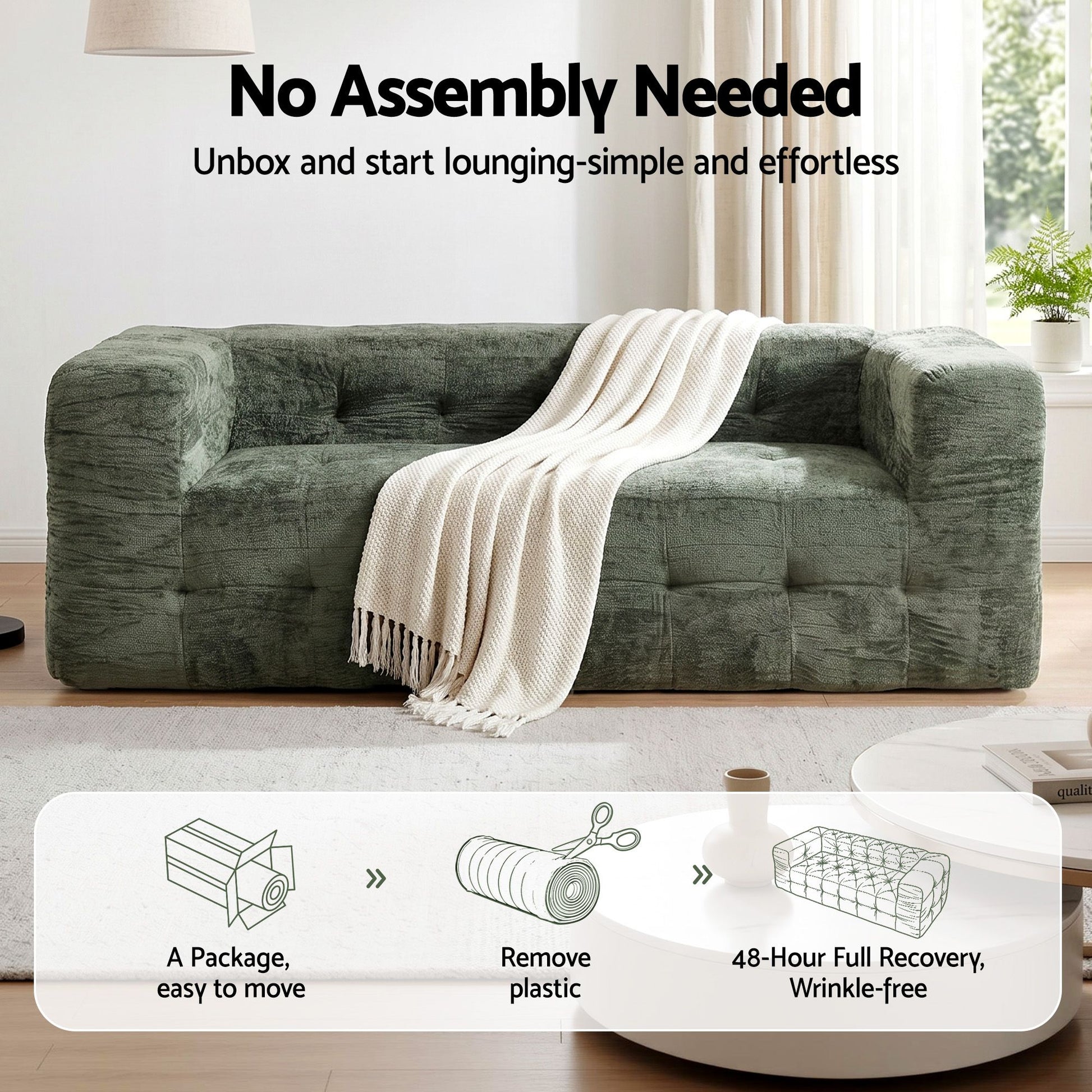Artiss Comfort Boneless Sofa for Living Room Green Luxury Chenille SBED-K-CNIE-2S-GN
