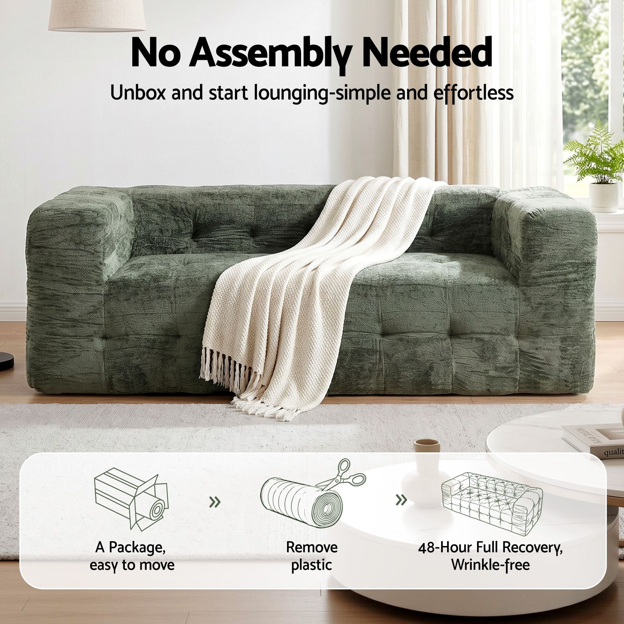 Artiss Comfort Boneless Sofa for Living Room Green Luxury Chenille SBED-K-CNIE-2S-GN