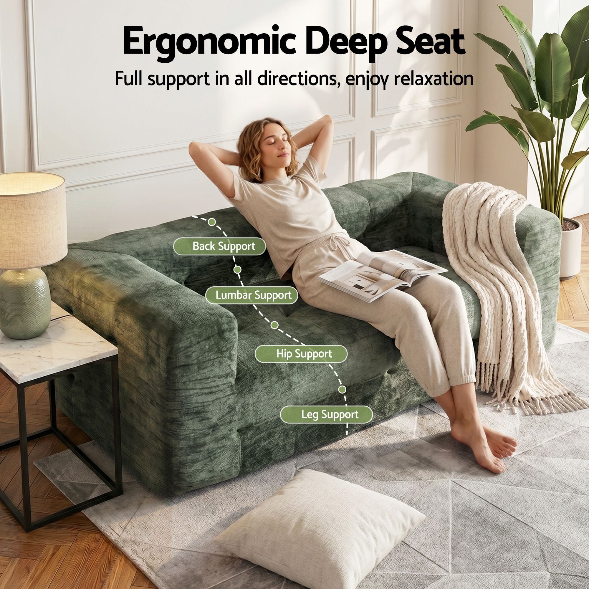Artiss Comfort Boneless Sofa for Living Room Green Luxury Chenille SBED-K-CNIE-2S-GN