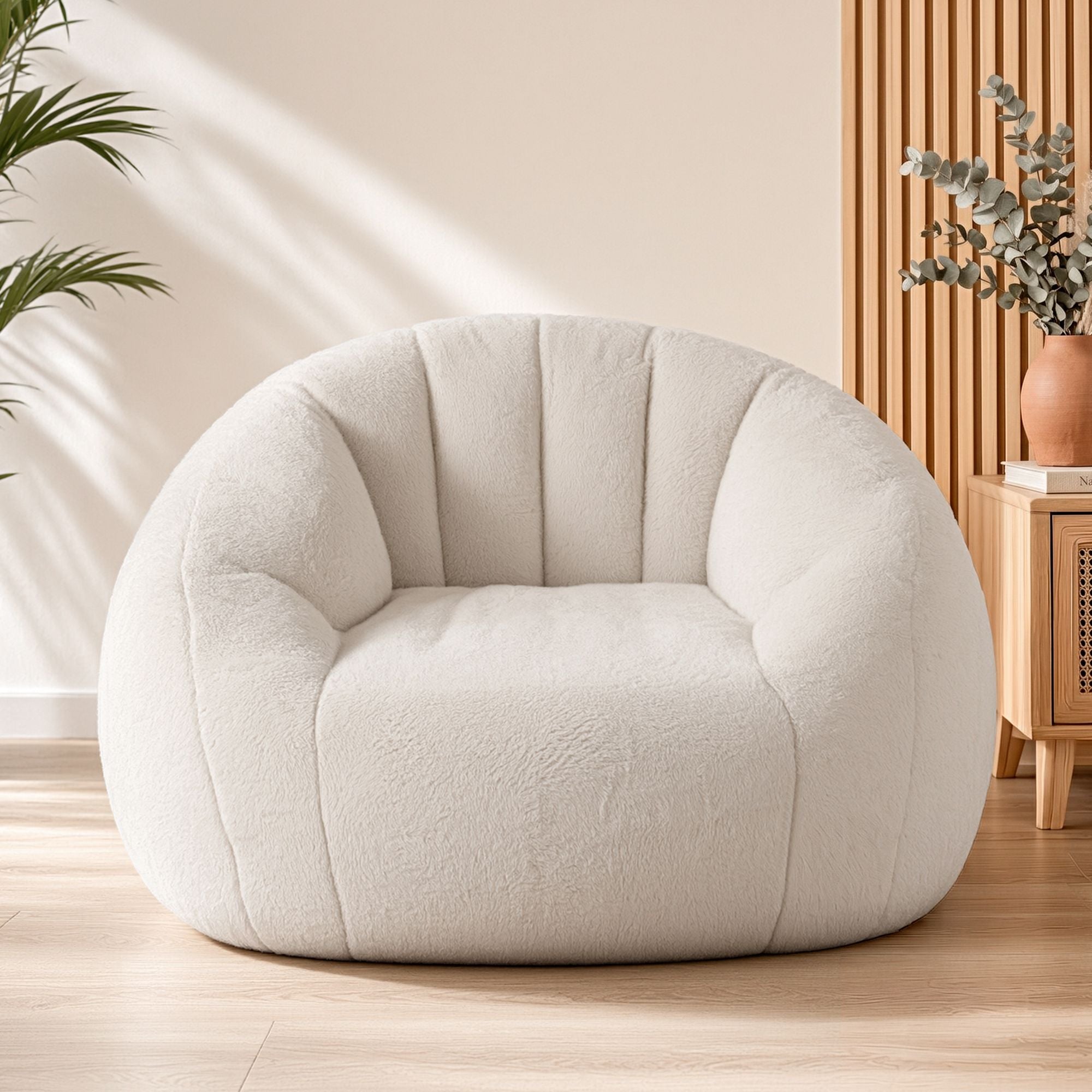 Artiss Single Small Boneless Couch Comfy Bean Bag for Living Room Faux Fur White SBED-M-FA-1S-BG