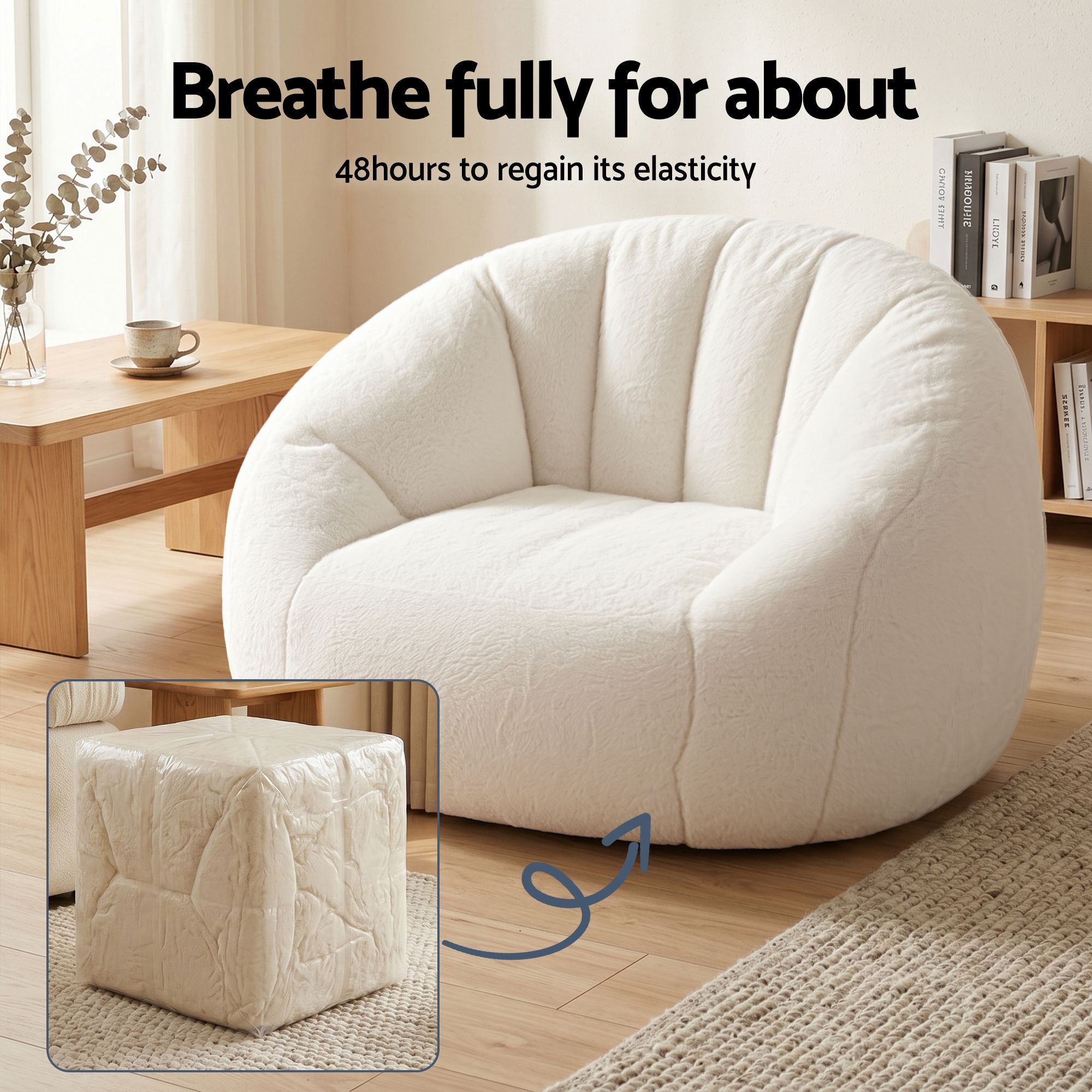 Artiss Single Small Boneless Couch Comfy Bean Bag for Living Room Faux Fur White SBED-M-FA-1S-BG