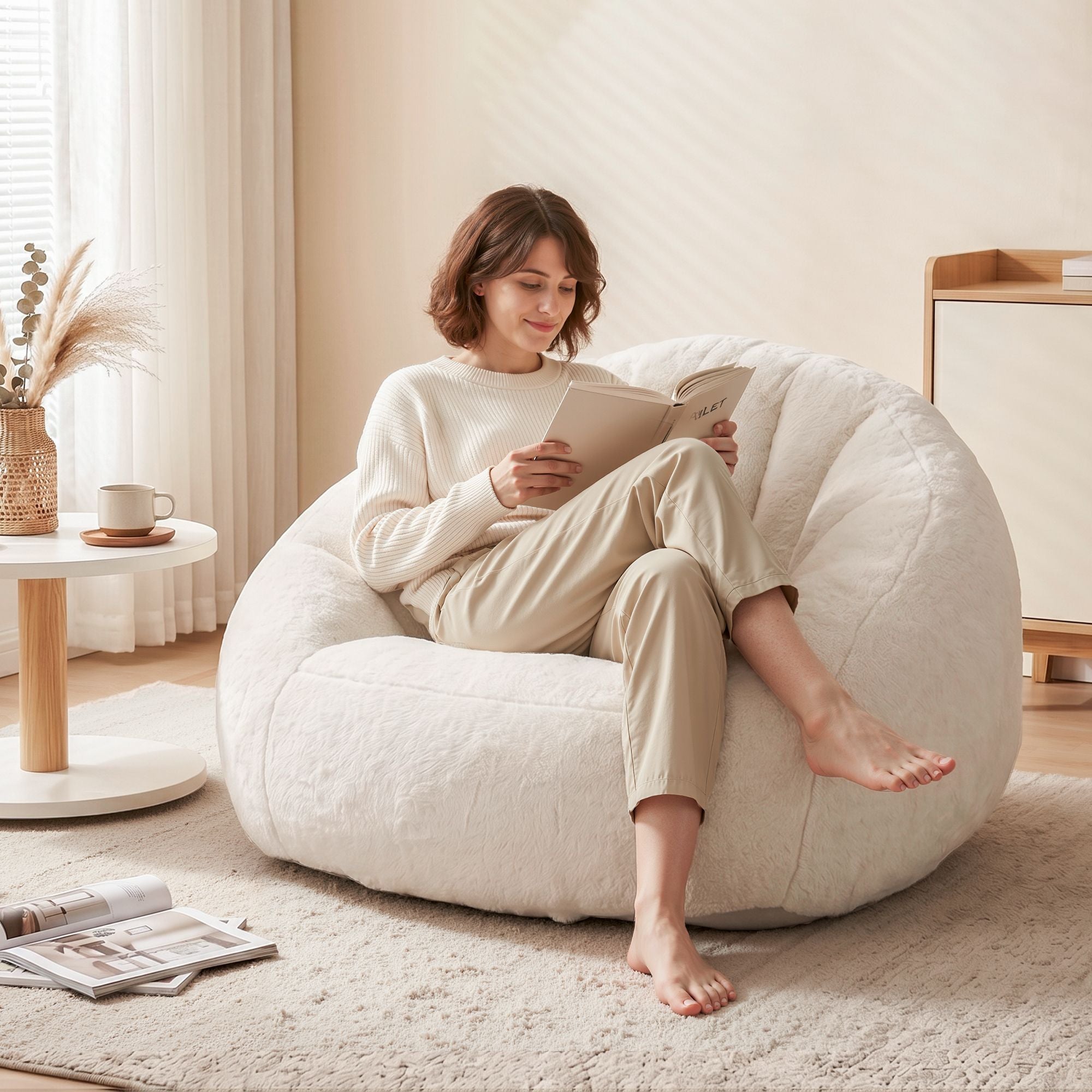 Artiss Single Small Boneless Couch Comfy Bean Bag for Living Room Faux Fur White SBED-M-FA-1S-BG