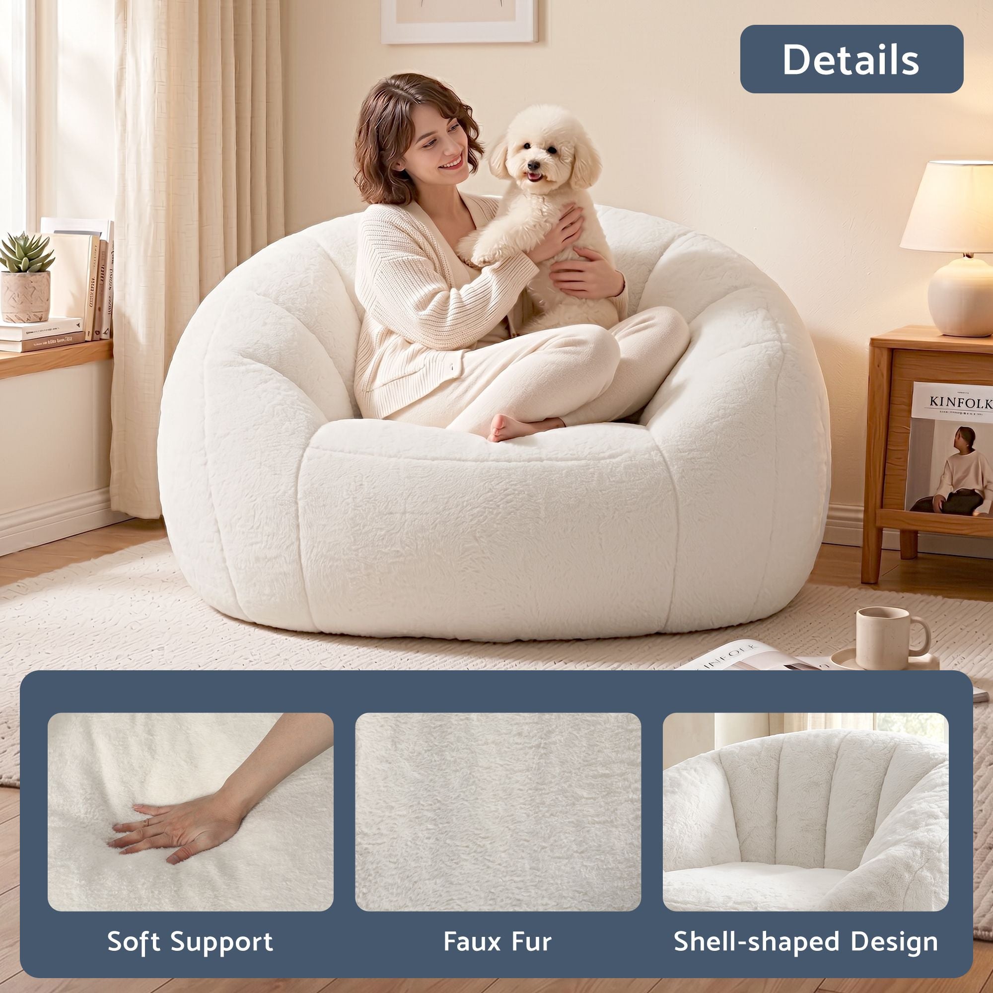 Artiss Single Small Boneless Couch Comfy Bean Bag for Living Room Faux Fur White SBED-M-FA-1S-BG