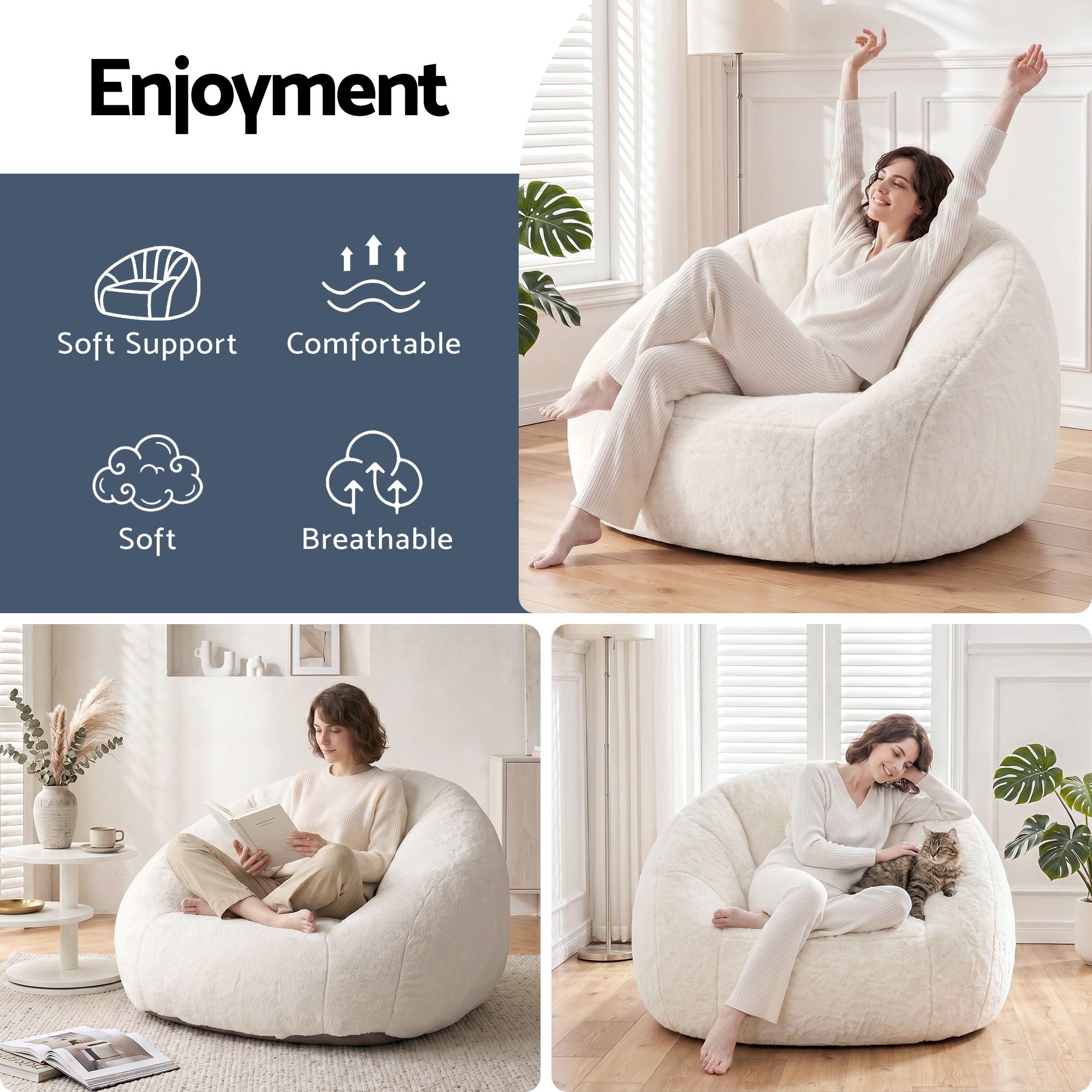 Artiss Single Small Boneless Couch Comfy Bean Bag for Living Room Faux Fur White SBED-M-FA-1S-BG