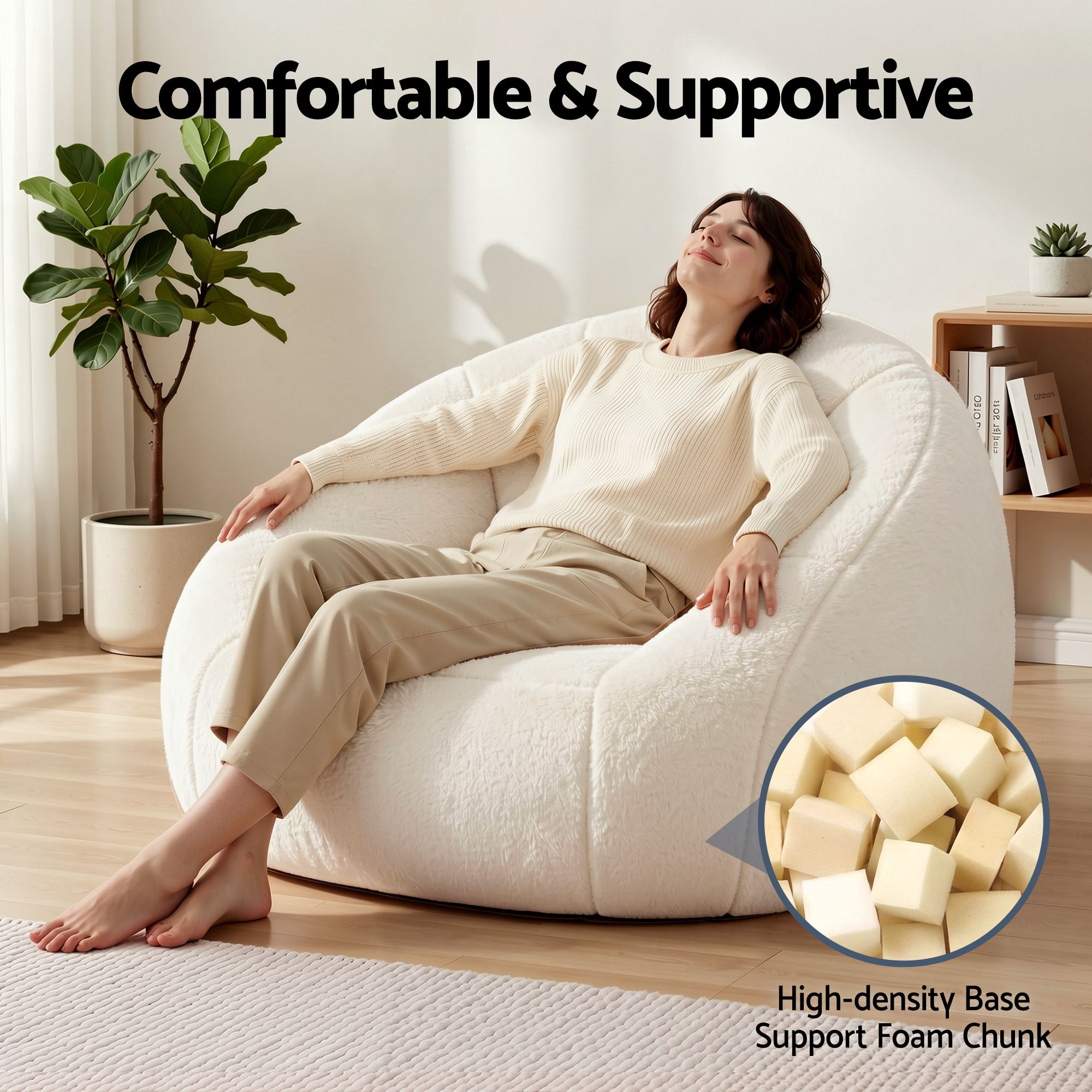 Artiss Single Small Boneless Couch Comfy Bean Bag for Living Room Faux Fur White SBED-M-FA-1S-BG