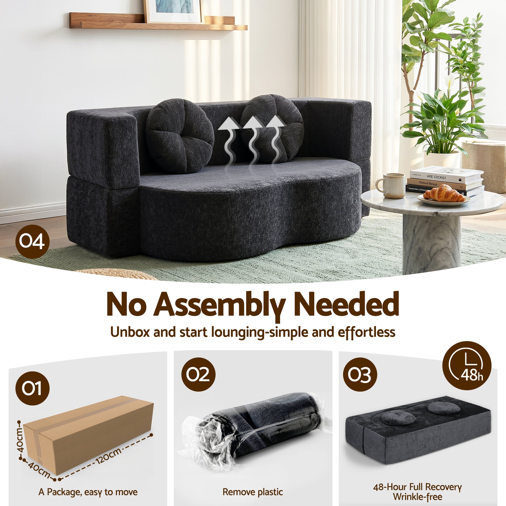 Artiss 2 in 1 Convertible Compressed Sofa Bed, Folding Boneless Sofabed for Living Room ,Comfort Curved SBED-M-FLD04-2S-GY