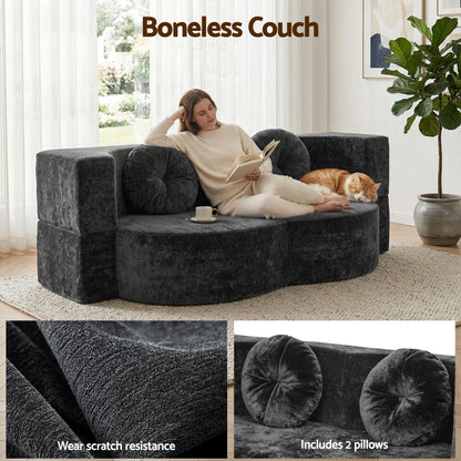 Artiss 2 in 1 Convertible Compressed Sofa Bed, Folding Boneless Sofabed for Living Room ,Comfort Curved SBED-M-FLD04-2S-GY