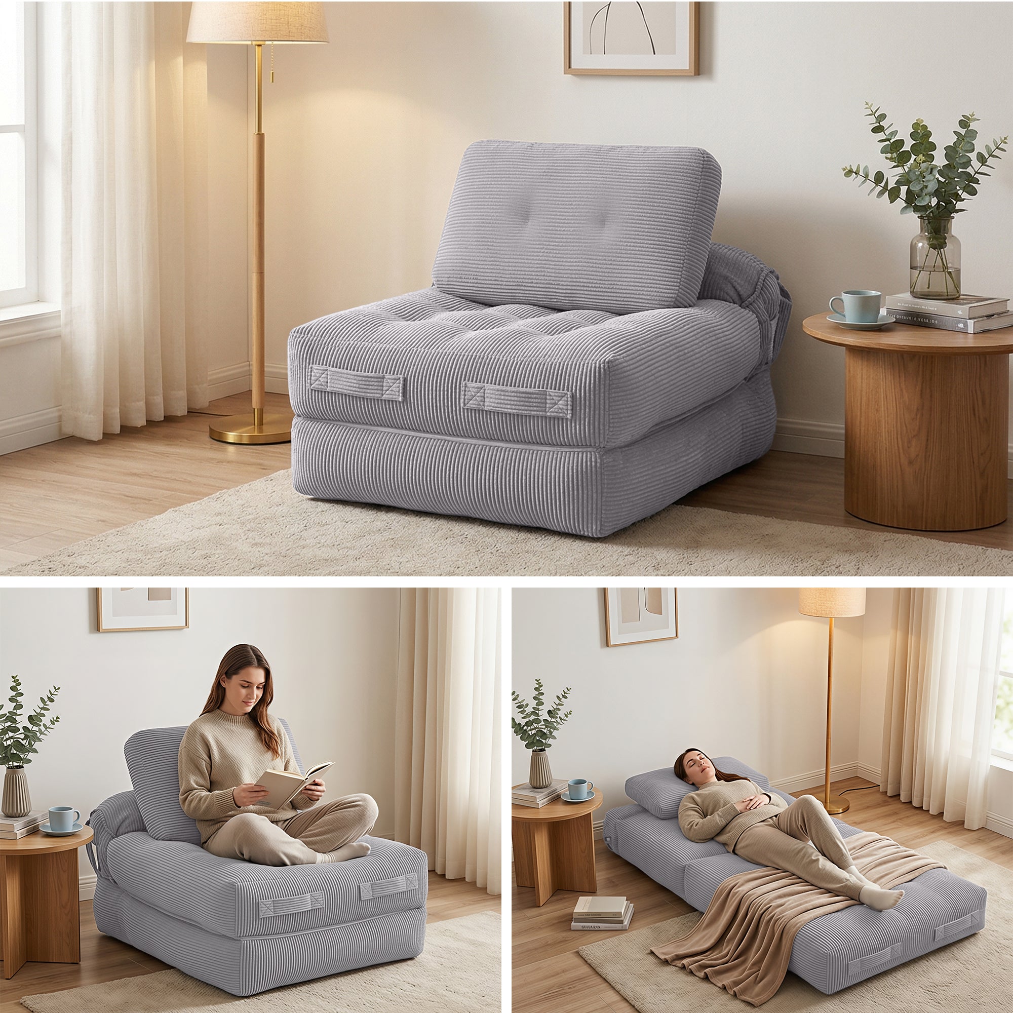 Artiss 1 Seater Corduroy Convertible Sofa Bed Pull Out Boneless Couch Grey SBED-M-FLD05-1S-GY