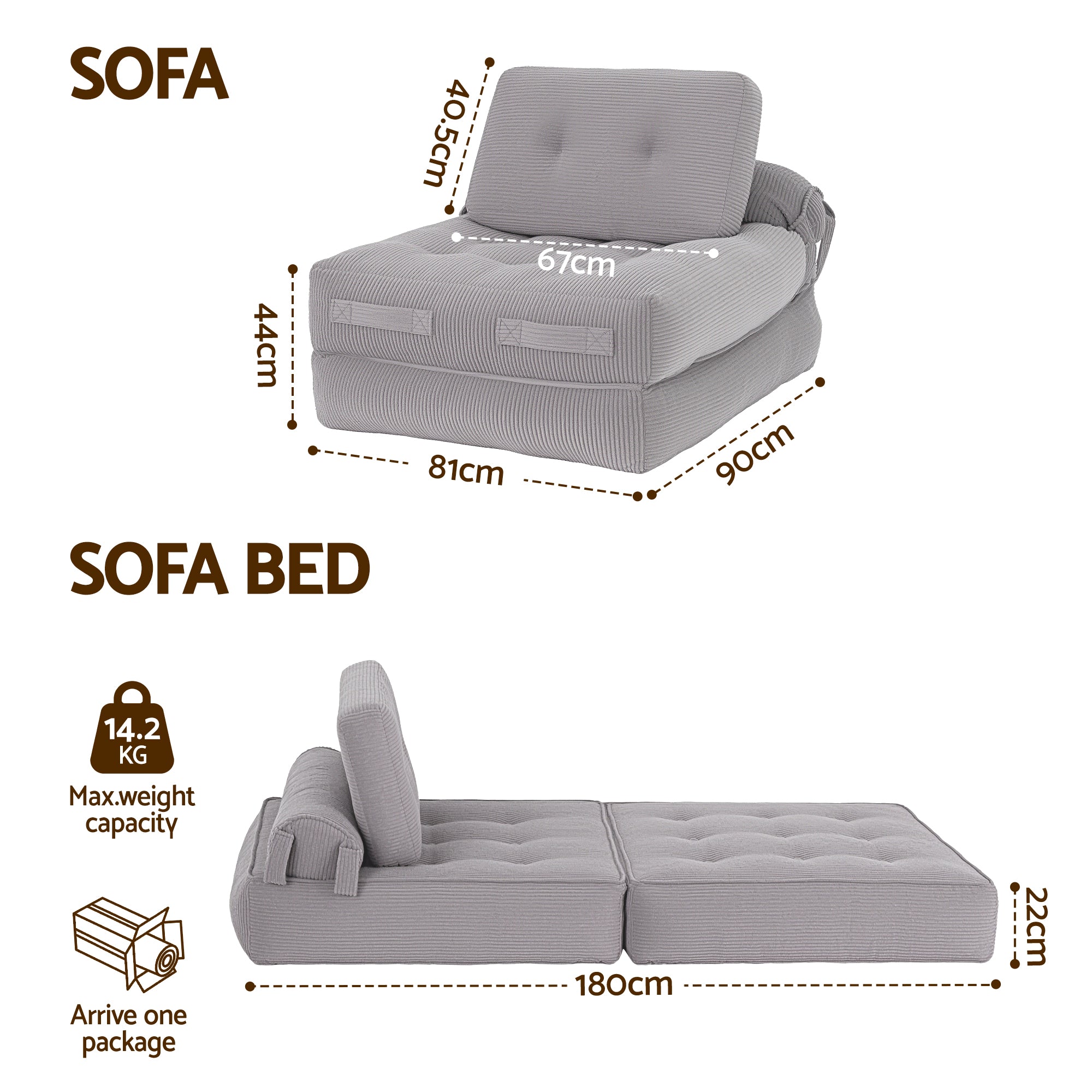 Artiss 1 Seater Corduroy Convertible Sofa Bed Pull Out Boneless Couch Grey SBED-M-FLD05-1S-GY