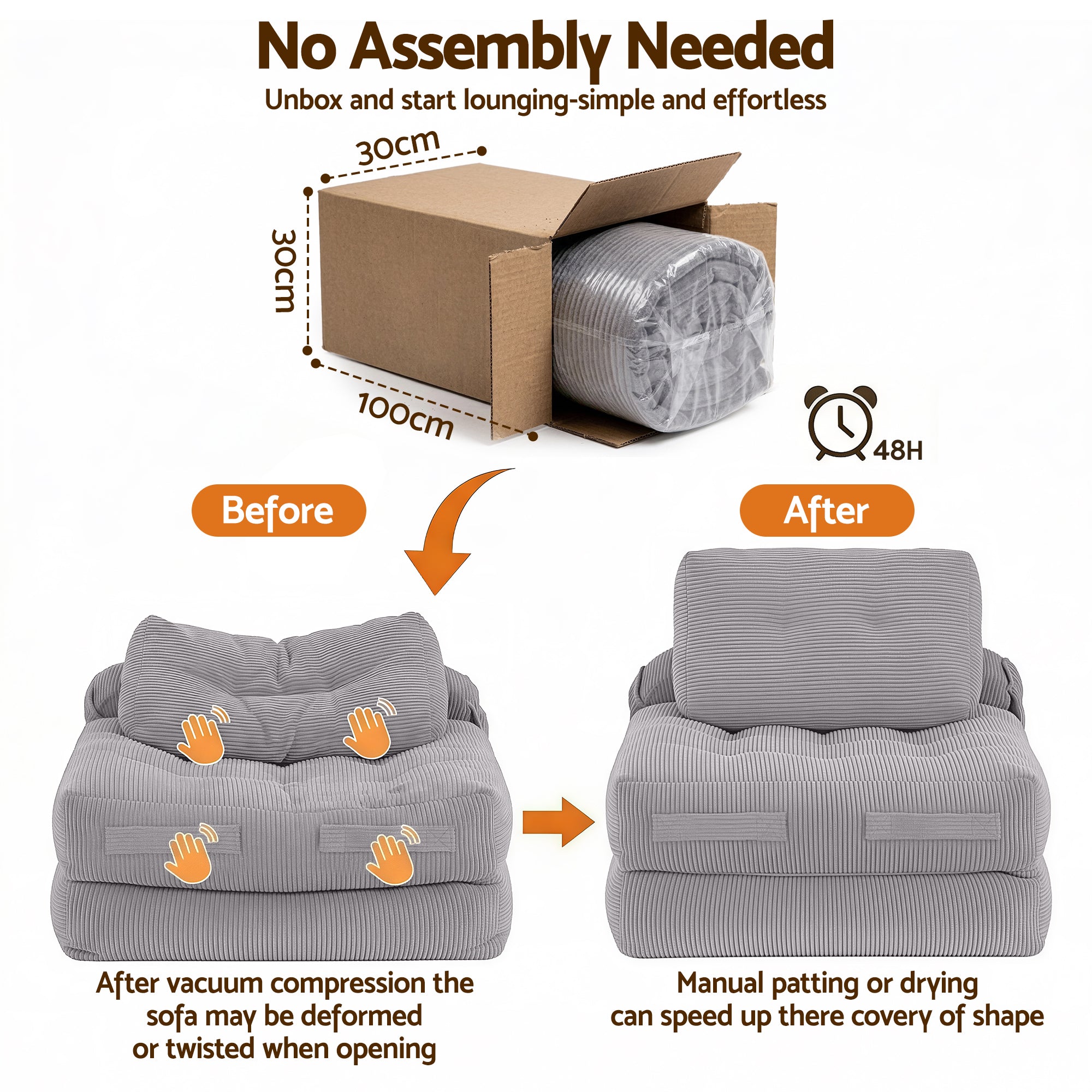 Artiss 1 Seater Corduroy Convertible Sofa Bed Pull Out Boneless Couch Grey SBED-M-FLD05-1S-GY