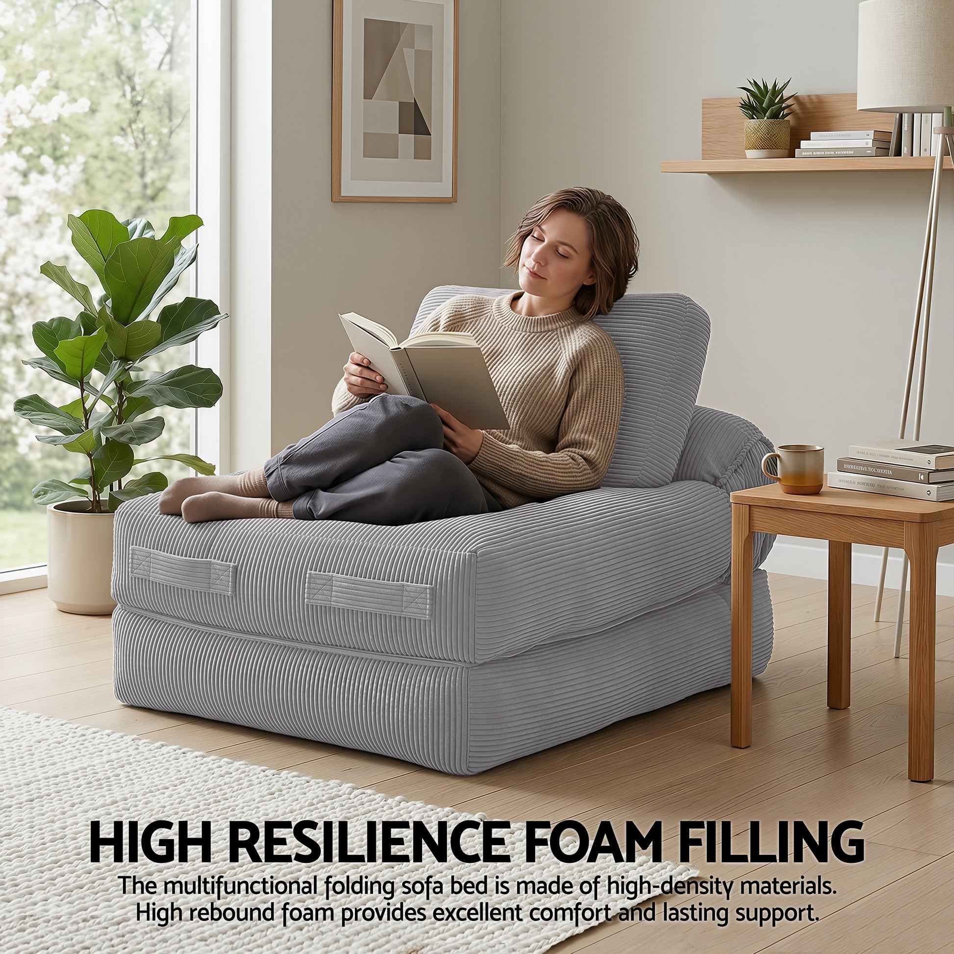 Artiss 1 Seater Corduroy Convertible Sofa Bed Pull Out Boneless Couch Grey SBED-M-FLD05-1S-GY