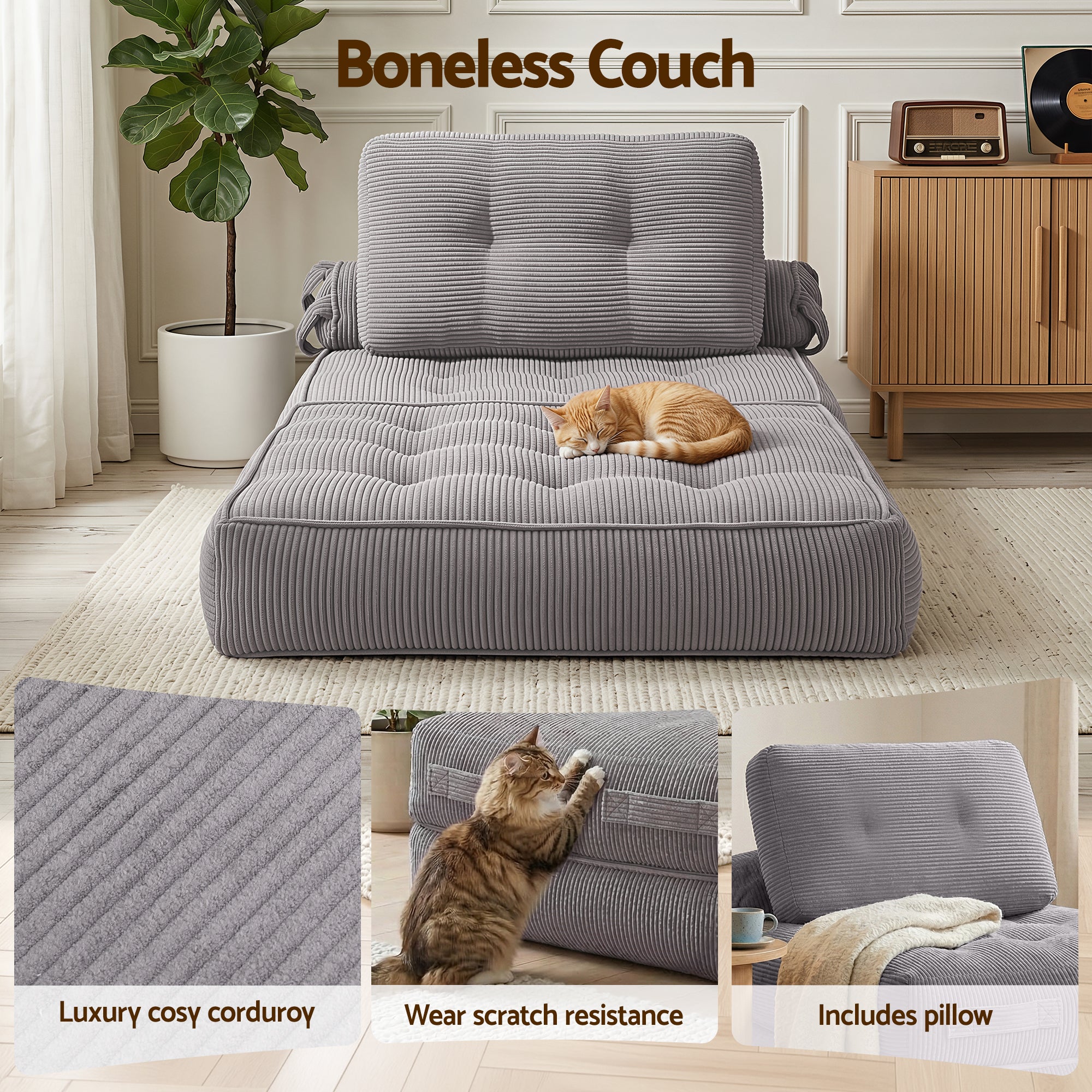 Artiss 1 Seater Corduroy Convertible Sofa Bed Pull Out Boneless Couch Grey SBED-M-FLD05-1S-GY