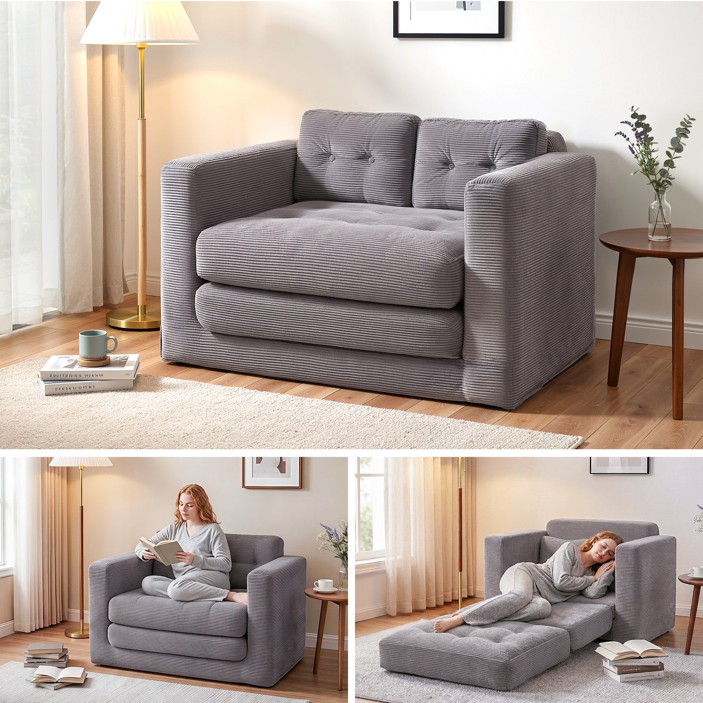 Artiss 2 Seater Corduroy Convertible Sofa Bed Pull Out Boneless Couch Grey SBED-M-FLD05-2S-GY