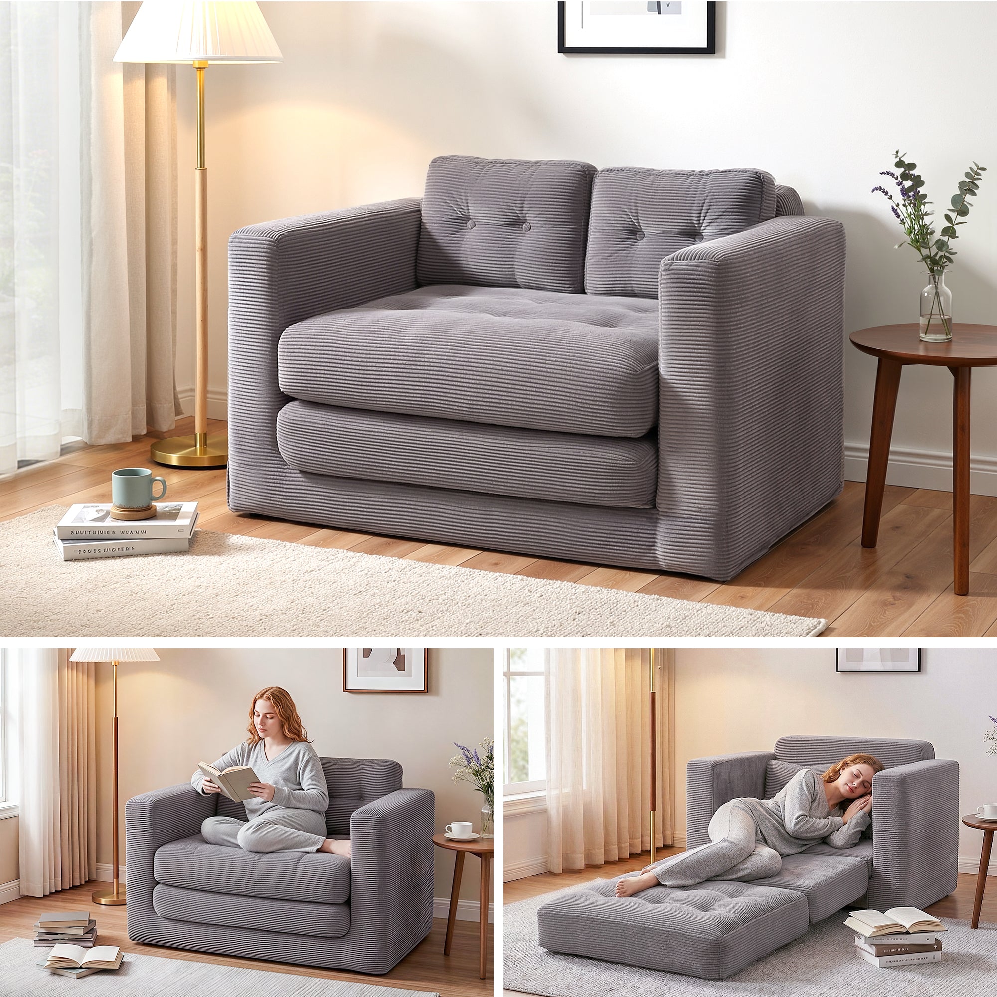 Artiss 2 Seater Corduroy Convertible Sofa Bed Pull Out Boneless Couch Grey SBED-M-FLD05-2S-GY