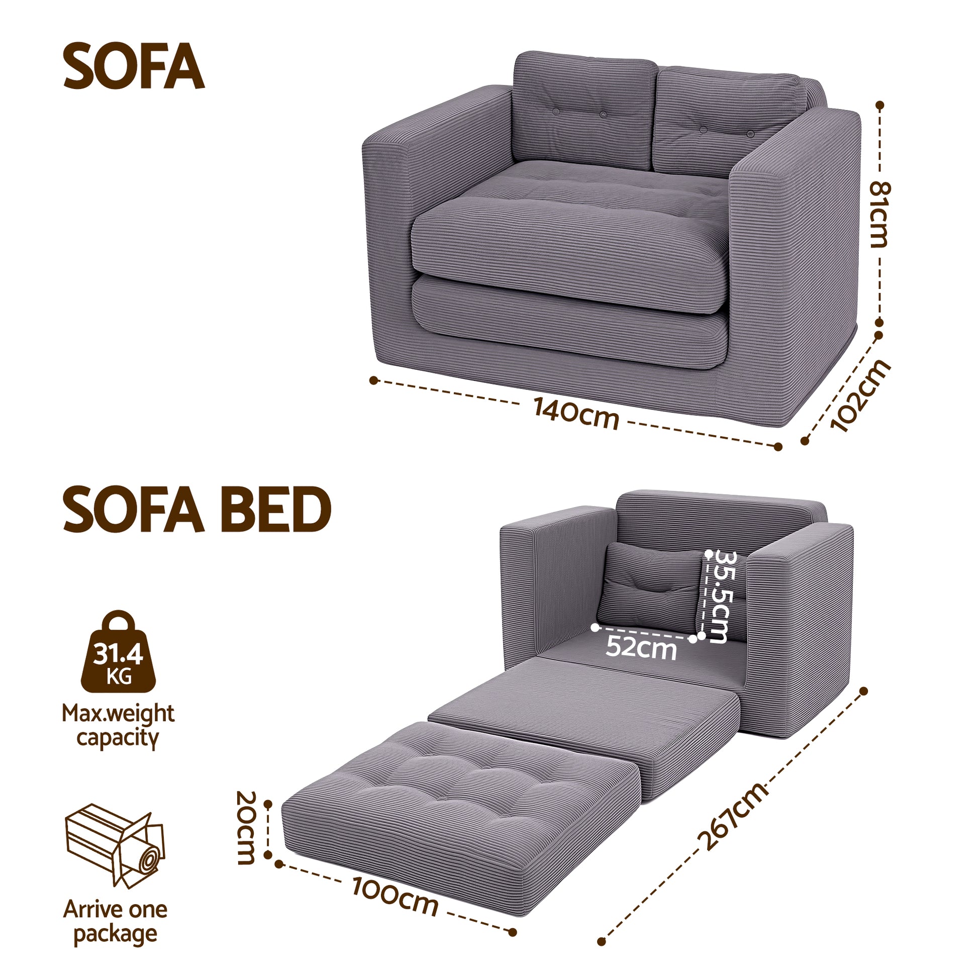 Artiss 2 Seater Corduroy Convertible Sofa Bed Pull Out Boneless Couch Grey SBED-M-FLD05-2S-GY