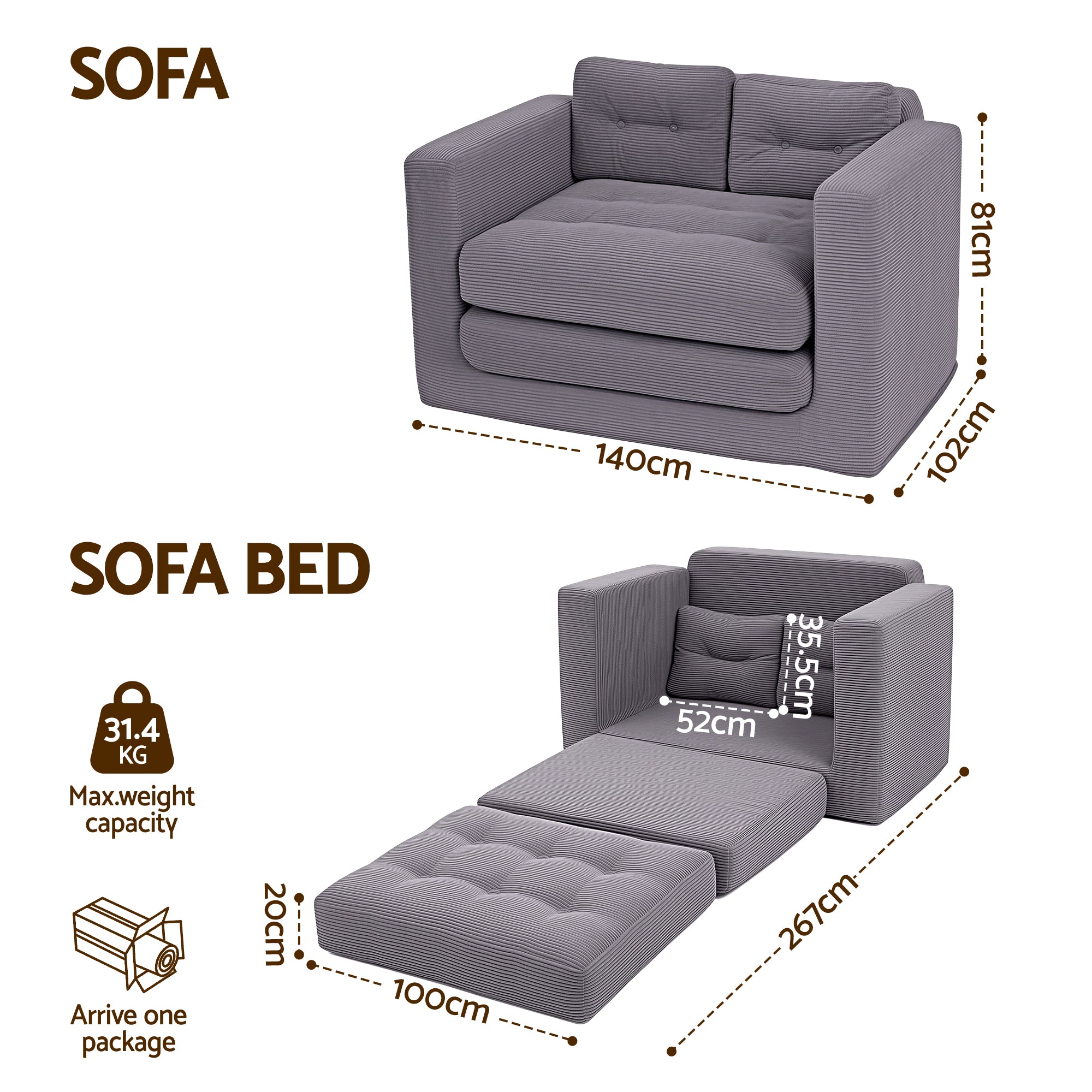 Artiss 2 Seater Corduroy Convertible Sofa Bed Pull Out Boneless Couch Grey SBED-M-FLD05-2S-GY