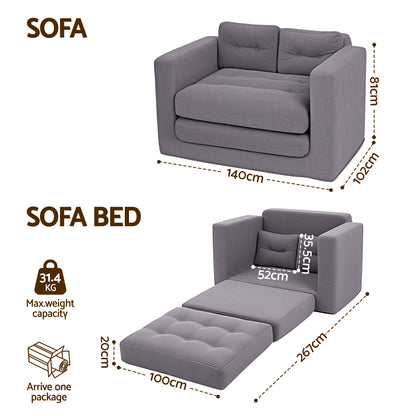 Artiss 2 Seater Corduroy Convertible Sofa Bed Pull Out Boneless Couch Grey SBED-M-FLD05-2S-GY